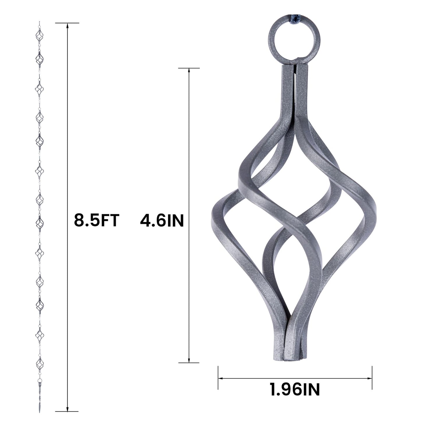 Rain Chain Bird Cage Set 8.5Ft, Not Rust Wrought Iron Rain Chains for Gutters with Adapter Gotta Drain and Sturdy Anchoring Stake,13 Cups, 1 Hook, Adjustable Length for Garden Decorative (Coffee)