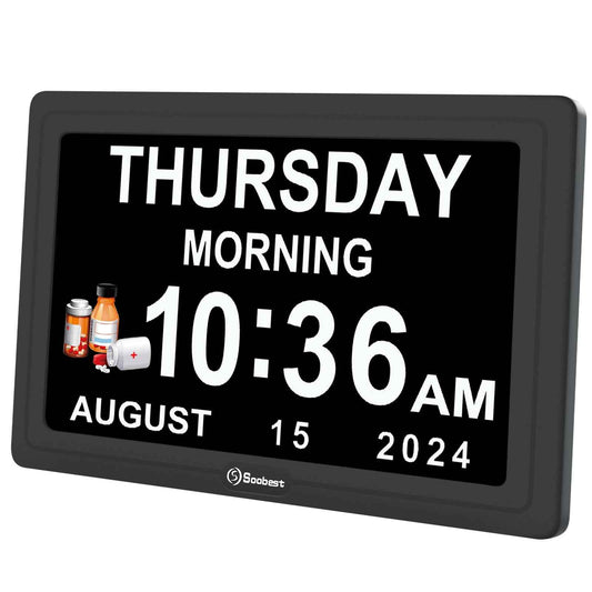 Soobest Dementia Digital Clock for Seniors Elderly, 20 Alarm Reminders 3 Ringtones for Memory Loss Alzheimers, Electric Time Date Day Large Display Calendar Clock, Auto DST, 1024 * 600P HD