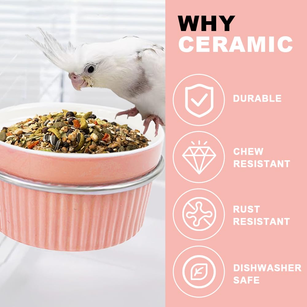 Bird Feeding Cups Parrot Food Cage Bowl Clamp Holder Coop Cup, Ceramic Bird Cage Water Bowl, Pet Feeder Cage for Parakeet African Greys Conure Cockatiels Lovebird Budgie-Blue