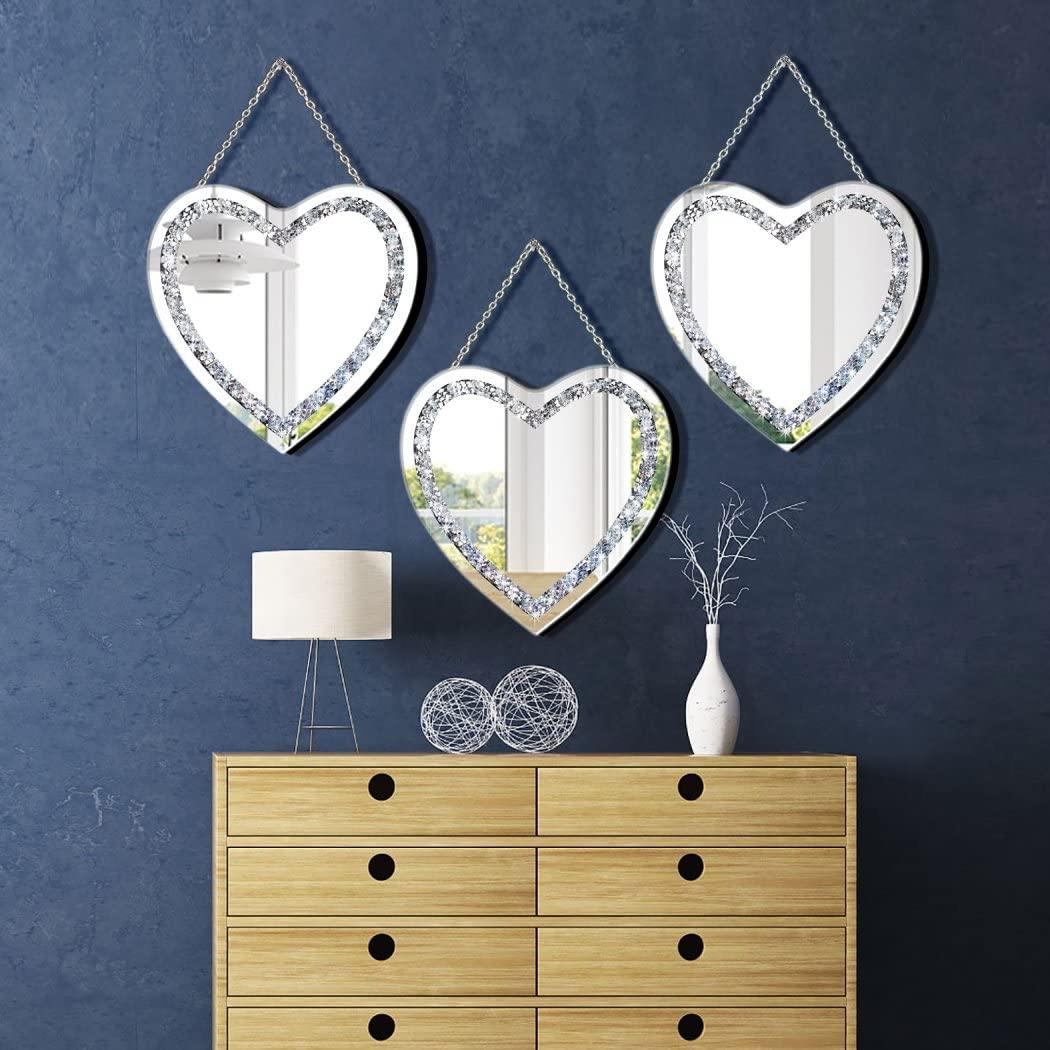 DMDFIRST Heart Shaped Silver Glass Mirror 2 Pack 12x12inch Crystal Crush Diamond Decor Chain Mirror for Wall Decoration - Jlhbookstore.store