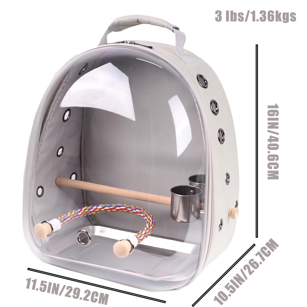 Bird Traval Carrier Cage, Clear Space Capsule Astronaut Backpack to Carry Parakeet Cockatiel Parrot with Metal Tray Wood Perch, Vet Transport School Bag