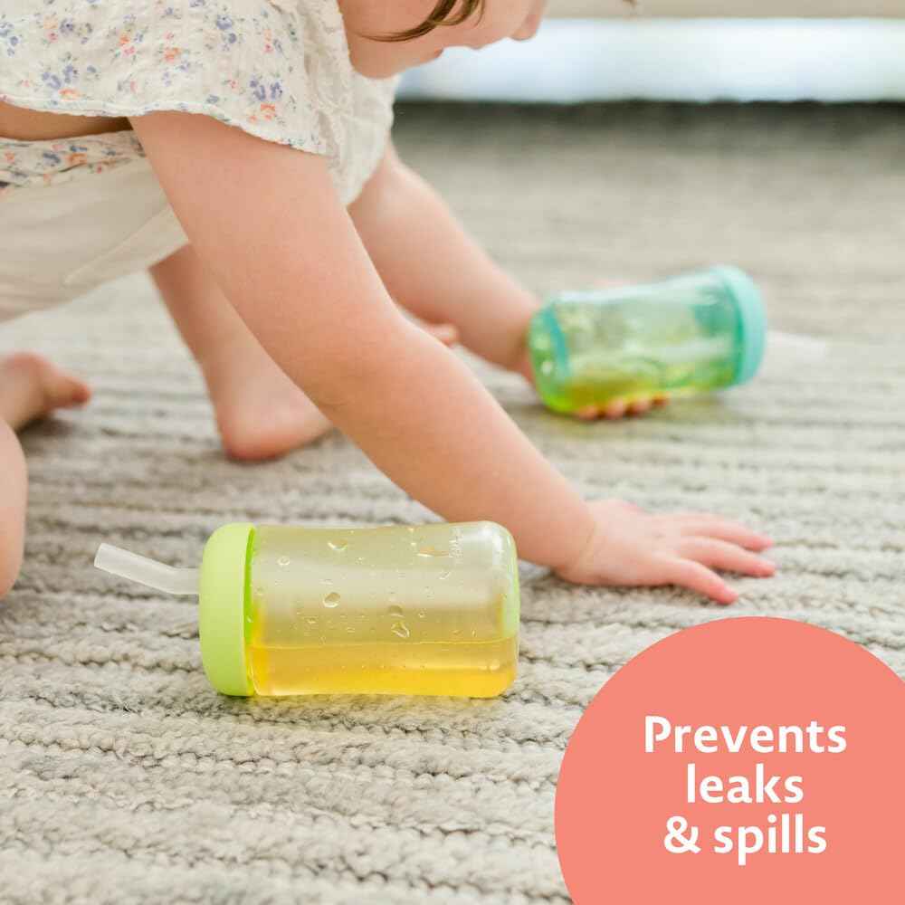 The First Years Squeeze & Sip Toddler Straw Cups - Squeezable Transition Sippy Cup with Silicone Straw - Toddler Feeding Supplies - Pink/Purple/Blue - 7 Oz - 3 Count - Ages 6 Months and Up