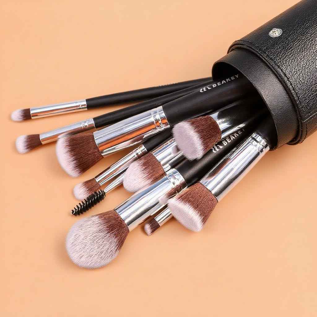 BEAKEY Makeup Brushes Set, Professional Foundation Eyeshadow Concealer Blush Powder Bronzer Applicator, 2 Blender Sponge with Beauty Paper Case stocking stuffers