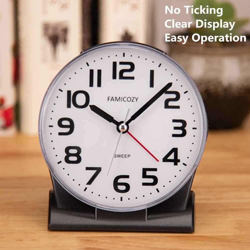 FAMICOZY 4.5" No Ticking Analog Alarm Clock,Silent Readable for Seniors,Easy to Set,Gradual Rise Alarm,Big Numbers,On/Off Switch on Side,Gentle Wake,Snooze Soft Backlight,Battery Operated,White