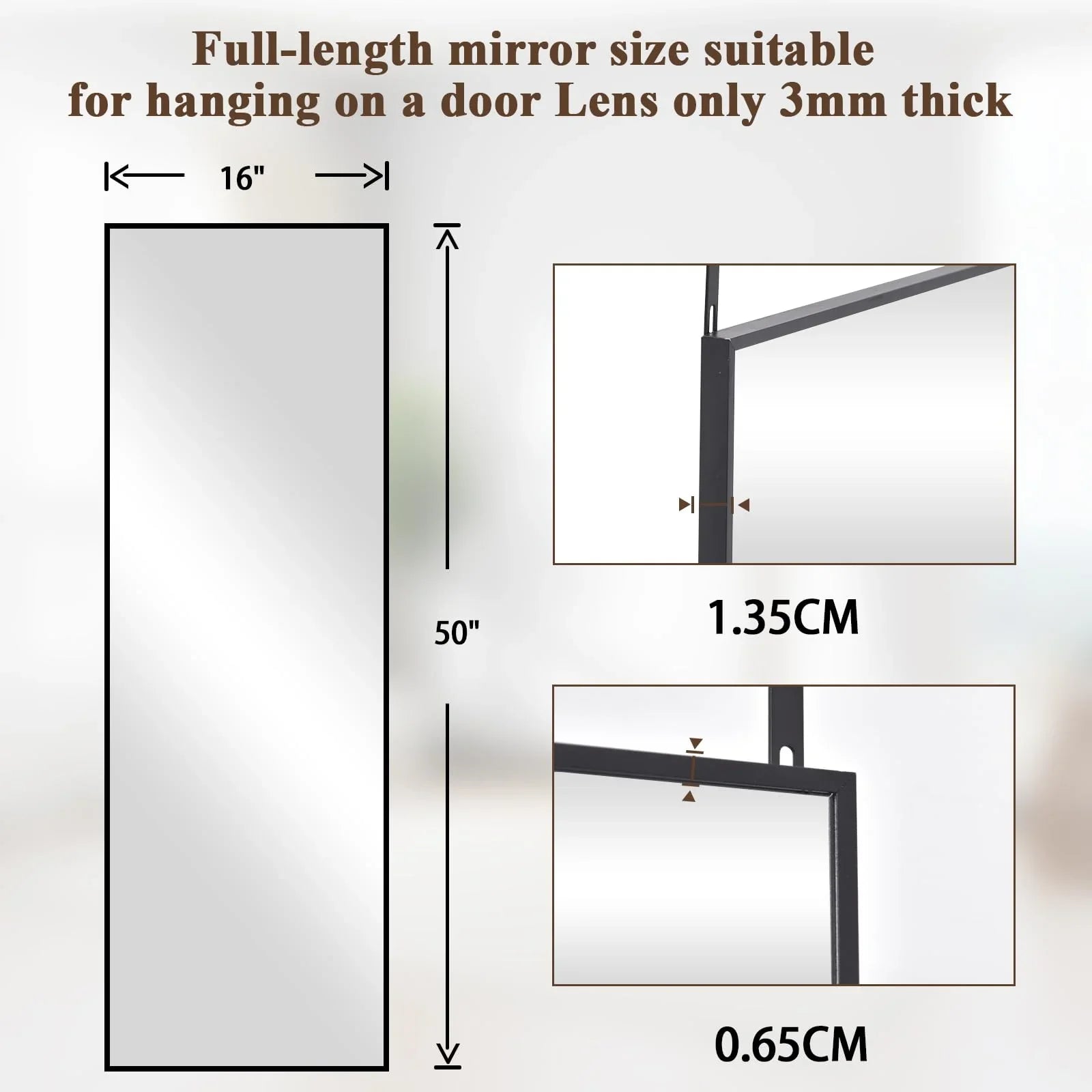 VooBang 14"x48" Full Length Over The Door Mirror - Aluminum Alloy Frame Full Body Mirror with Height-Adjustable Hangers, Hanging Leaning Against Wall for Dorm, Black - Jlhbookstore.store