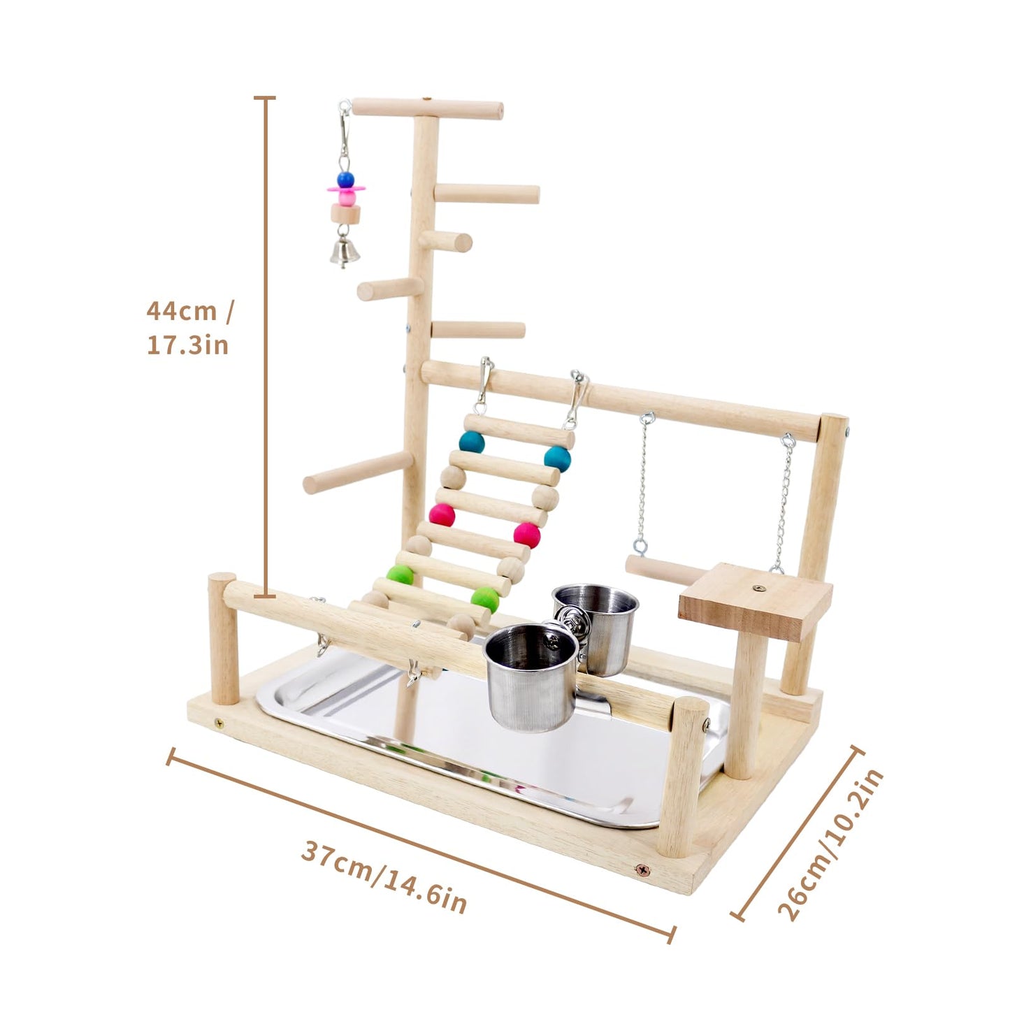 Bird Playground, Parrots Playstand for Small to Medium Birds, Perch Stand with 3 Ladders Playgym with Rope Perch, Swings Feeder Cups Bird Cage Accessories for Conure Cockatiel Lovebirds