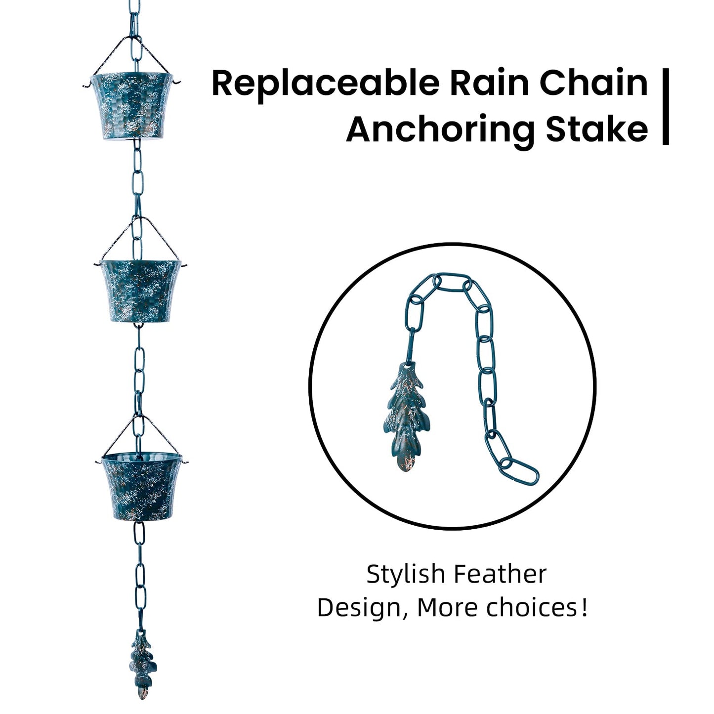 Rain Chain Bird Cage Set 8.5Ft, Not Rust Wrought Iron Rain Chains for Gutters with Adapter Gotta Drain and Sturdy Anchoring Stake,13 Cups, 1 Hook, Adjustable Length for Garden Decorative (Coffee)