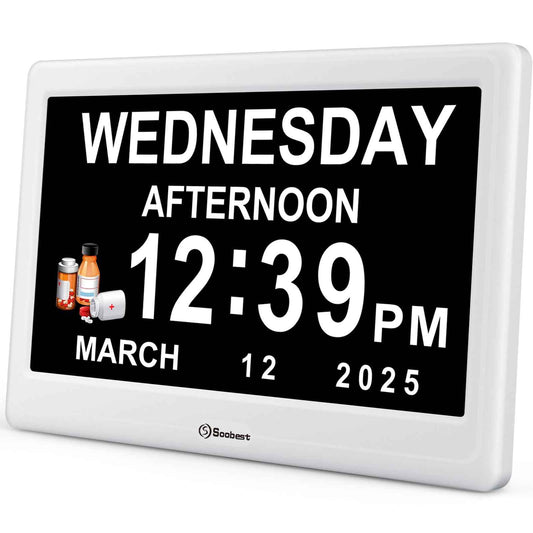 Soobest Dementia Digital Clock for Seniors Elderly, 20 Alarm Reminders 3 Ringtones for Memory Loss Alzheimers, Electric Time Date Day Large Display Calendar Clock, Auto DST, 1024 * 600P HD
