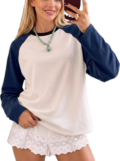 Women Long Sleeve Raglan Shirts Pollover Oversized Baseball Tops