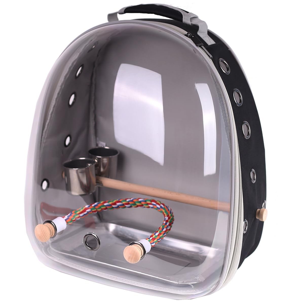 Bird Traval Carrier Cage, Clear Space Capsule Astronaut Backpack to Carry Parakeet Cockatiel Parrot with Metal Tray Wood Perch, Vet Transport School Bag