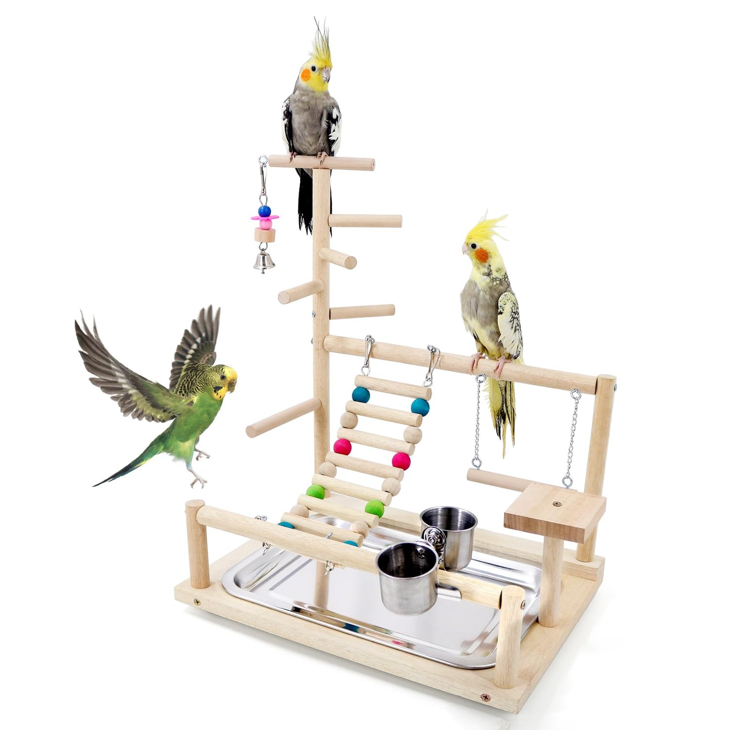 Bird Playground, Parrots Playstand for Small to Medium Birds, Perch Stand with 3 Ladders Playgym with Rope Perch, Swings Feeder Cups Bird Cage Accessories for Conure Cockatiel Lovebirds