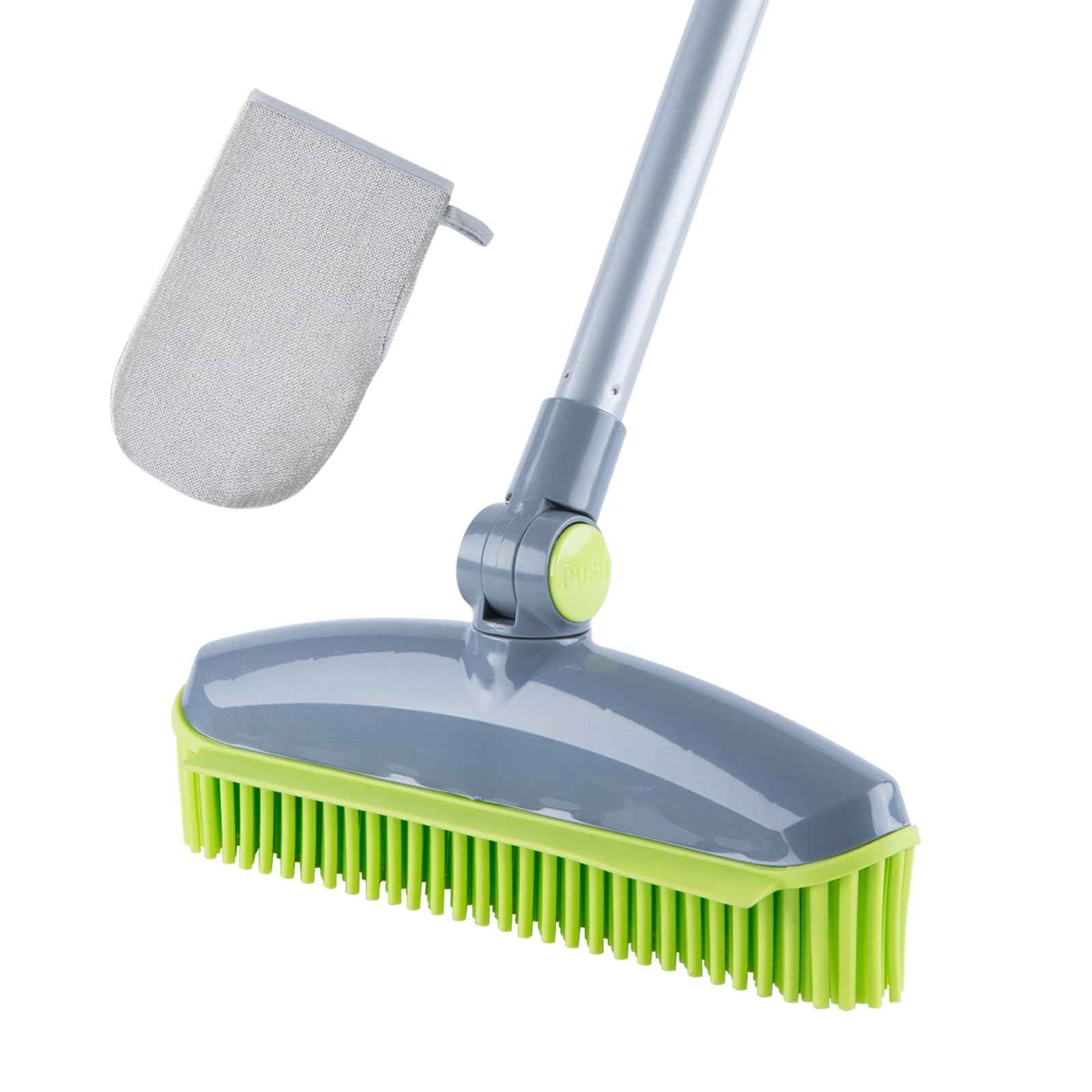 180°Rotating Rubber Broom with Squeegee for Pet Hair Removal - 50" Iron Handle Fur Remover Rake Brush for Carpet, Hardwood & Tile Floors, Includes Pet Hair Removal Gloves (Green)