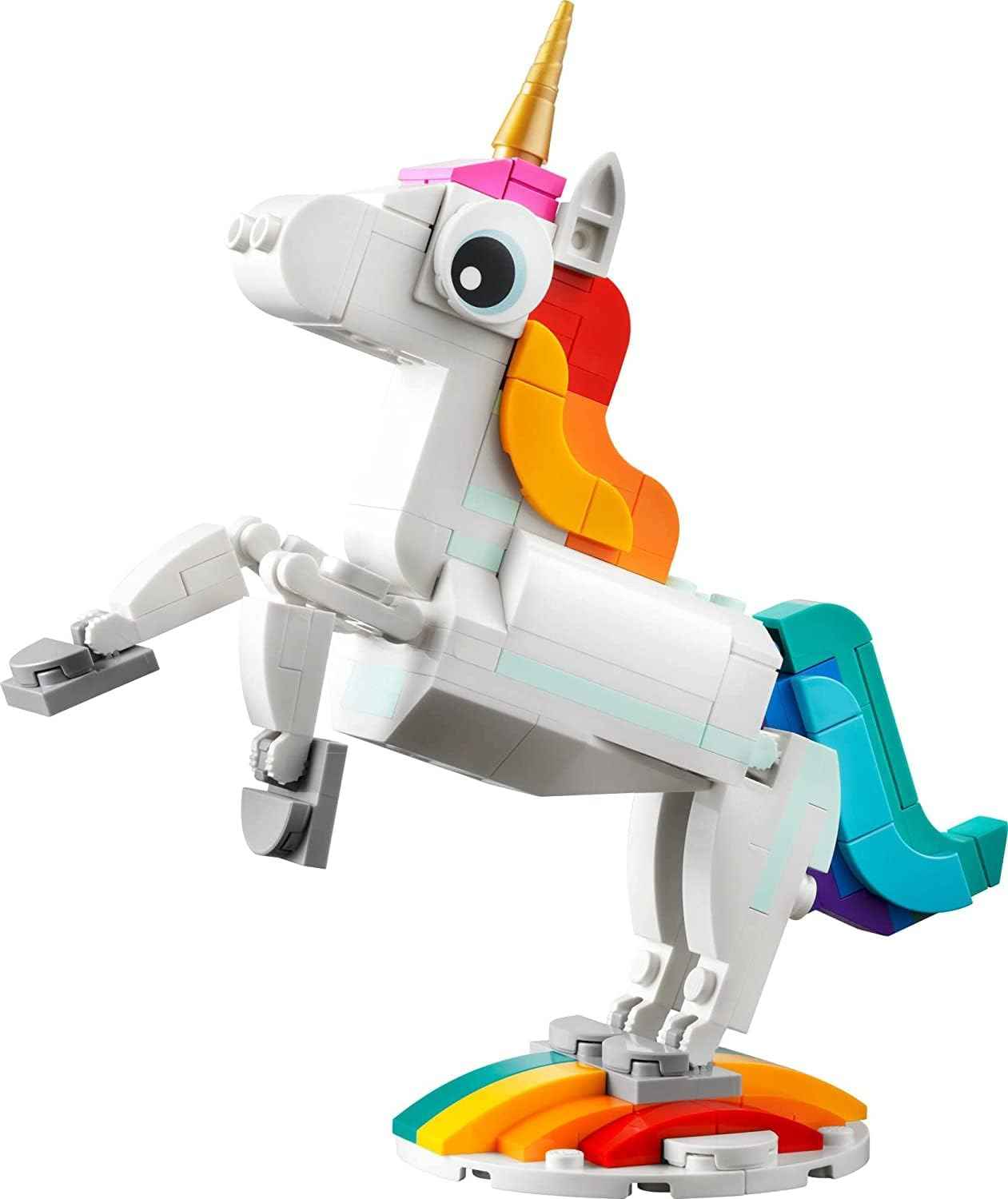 LEGO Creator 3 in 1 Magical Unicorn Toy, Transforms to Seahorse to Peacock, Rainbow Animal Figures, Unicorn Gift for Grandchildren, Girls and Boys, Buildable Toys, 31140