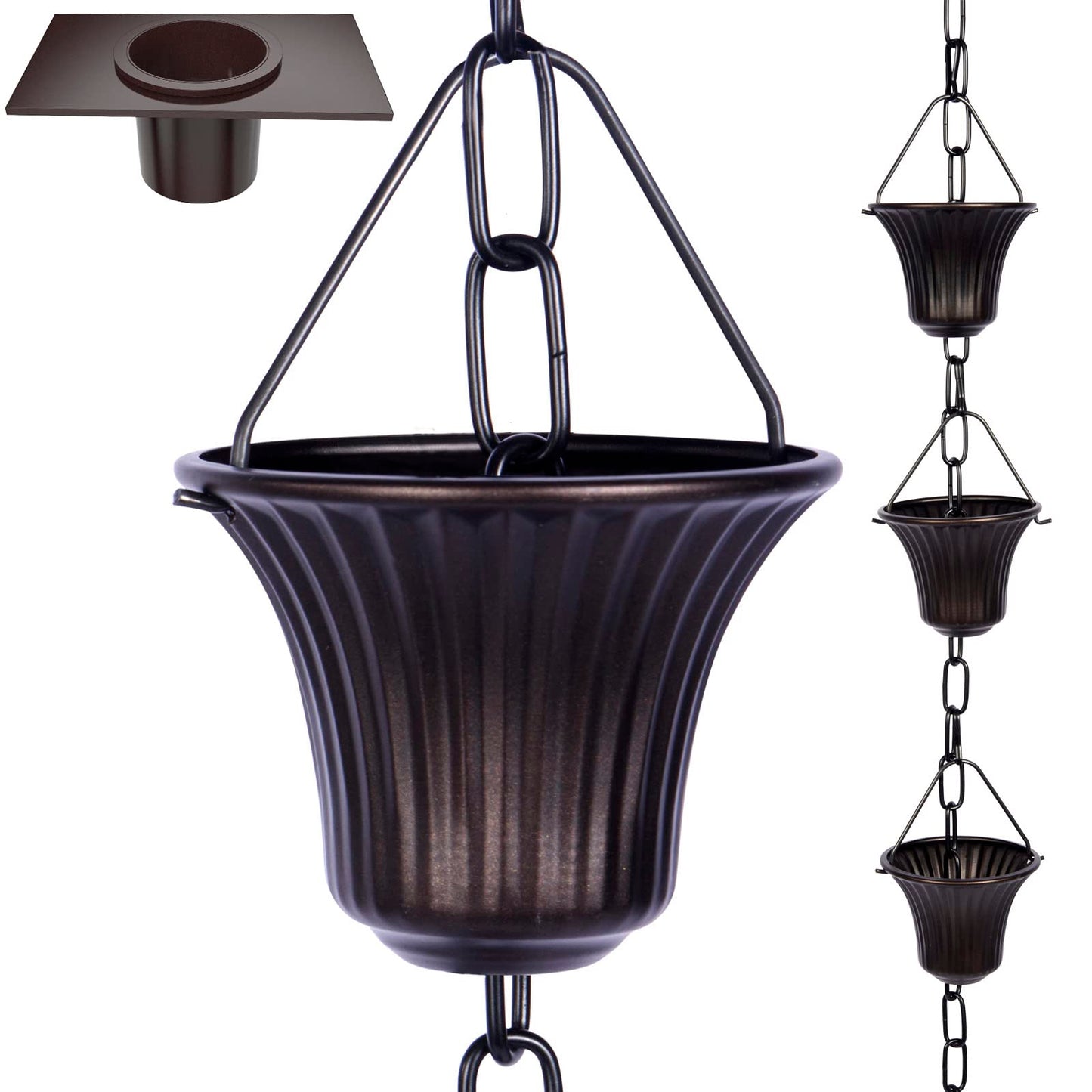 Rain Chain Bird Cage Set 8.5Ft, Not Rust Wrought Iron Rain Chains for Gutters with Adapter Gotta Drain and Sturdy Anchoring Stake,13 Cups, 1 Hook, Adjustable Length for Garden Decorative (Coffee)