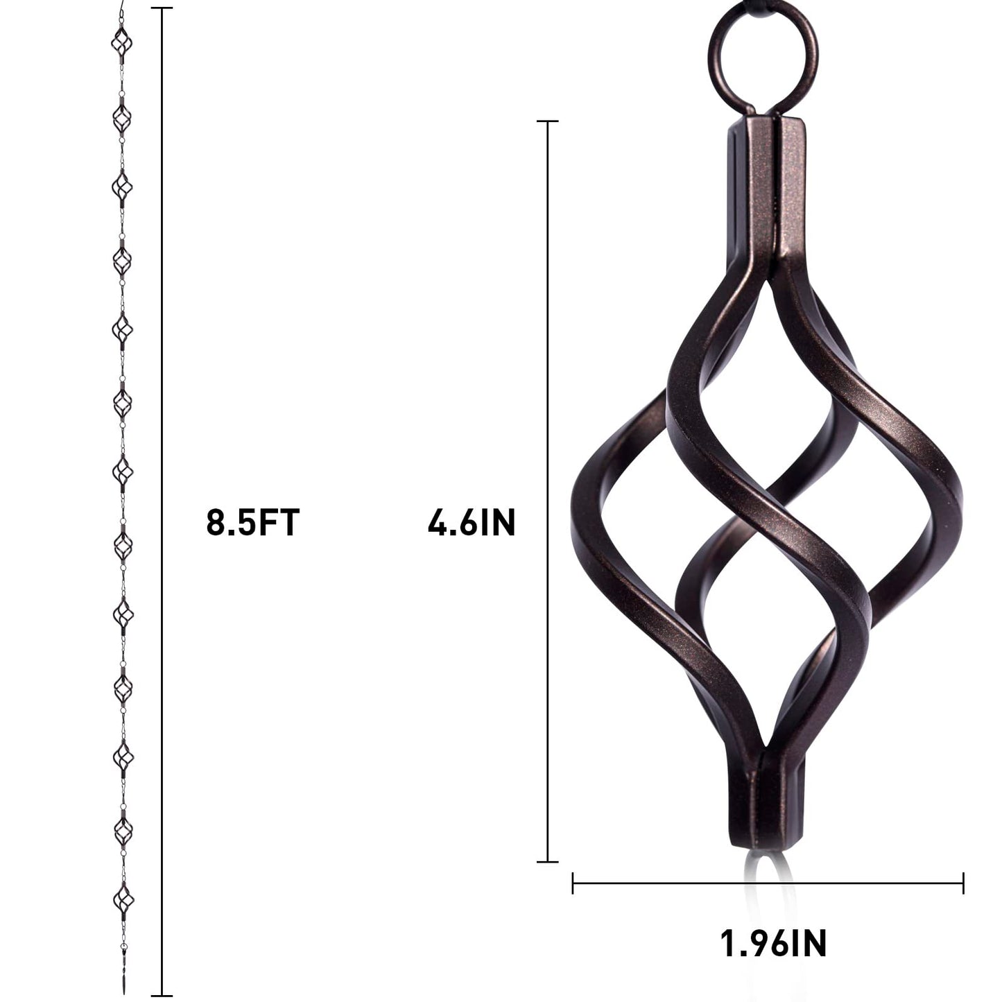 Rain Chain Bird Cage Set 8.5Ft, Not Rust Wrought Iron Rain Chains for Gutters with Adapter Gotta Drain and Sturdy Anchoring Stake,13 Cups, 1 Hook, Adjustable Length for Garden Decorative (Coffee)