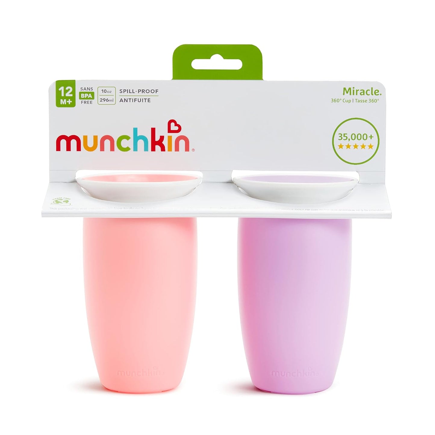 Munchkin Sippy Cups for Toddlers 1-3, Spill Proof Miracle 360 Cup, 10 Ounce, 2 Pack, Pink/Purple