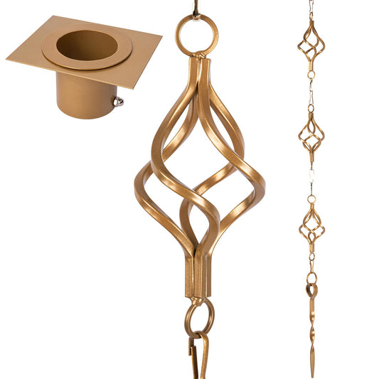 Rain Chain Bird Cage Set 8.5Ft, Not Rust Wrought Iron Rain Chains for Gutters with Adapter Gotta Drain and Sturdy Anchoring Stake,13 Cups, 1 Hook, Adjustable Length for Garden Decorative (Coffee)