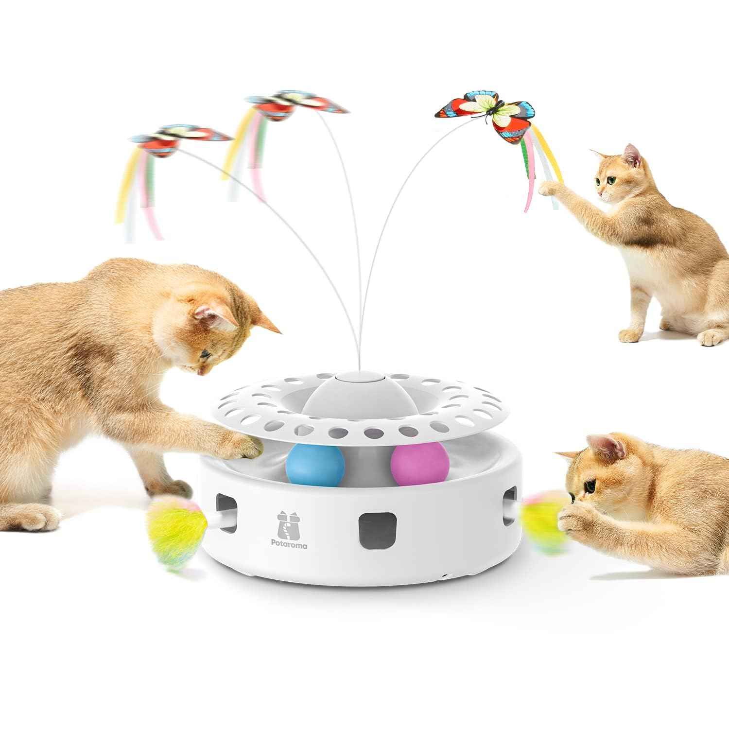 Potaroma Cat Toys 3in1 Automatic Interactive Kitten Toy, Fluttering Butterfly, Moving Feather, Track Balls, Dual Power Supplies, USB Powered, Indoor Exercise Kicker (Bright White)