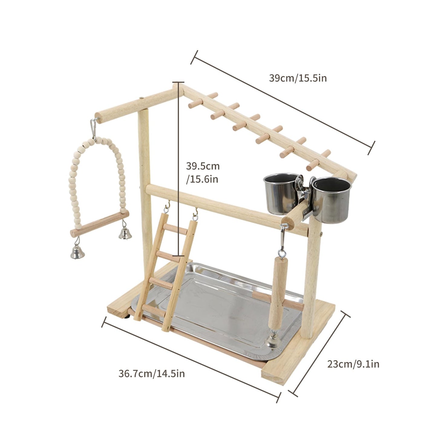 Bird Playground, Parrots Playstand for Small to Medium Birds, Perch Stand with 3 Ladders Playgym with Rope Perch, Swings Feeder Cups Bird Cage Accessories for Conure Cockatiel Lovebirds