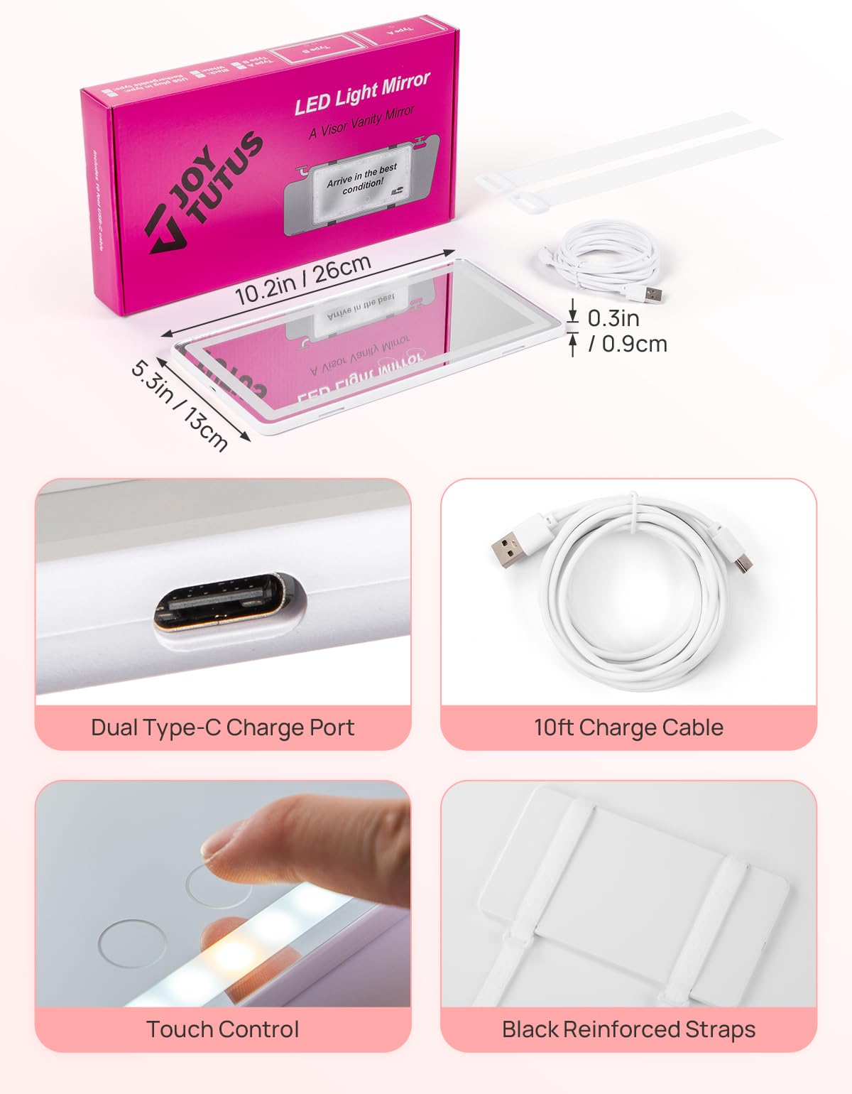 JOYTUTUS Car Sun Visor Vanity Mirror with Lights, 3 Light Modes & 60 LEDs, Rechargeable Dimmable Touch Control Travel Makeup Mirror for Truck SUV