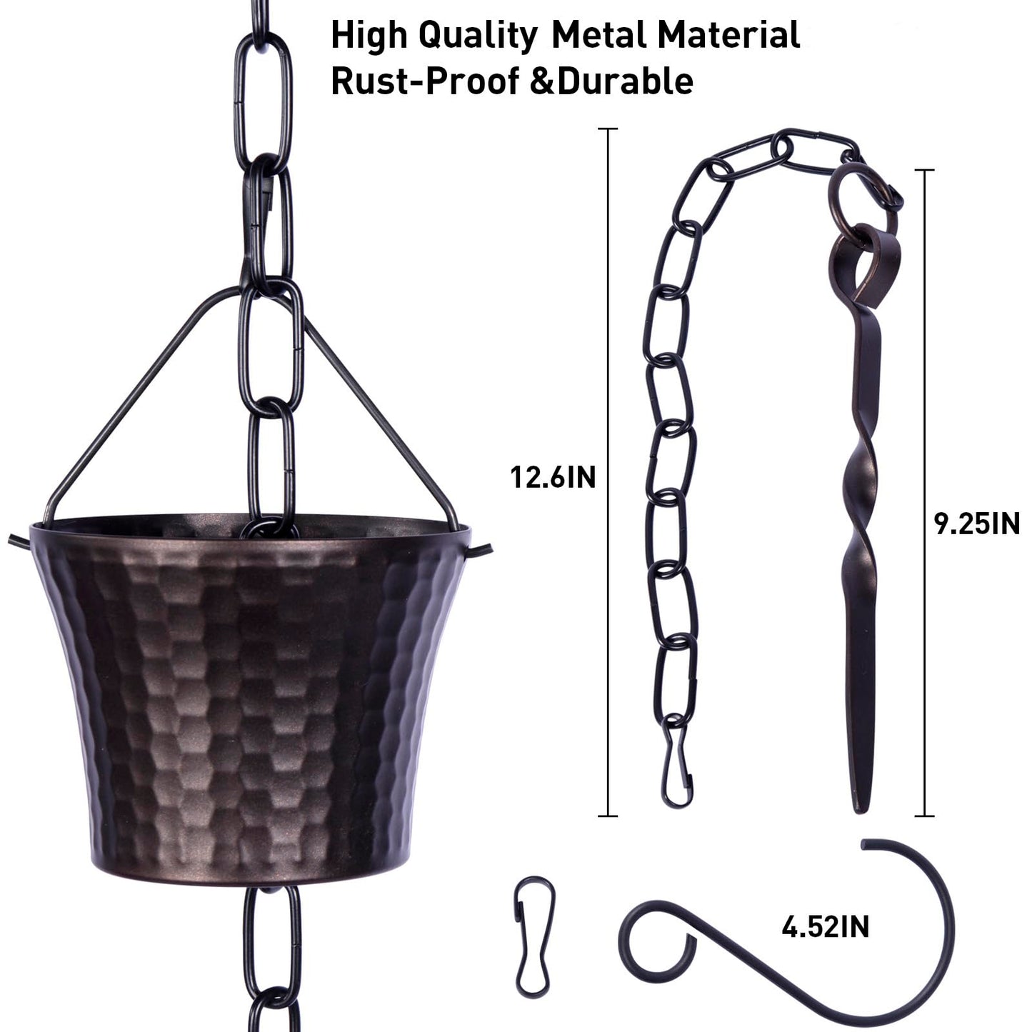 Rain Chain Bird Cage Set 8.5Ft, Not Rust Wrought Iron Rain Chains for Gutters with Adapter Gotta Drain and Sturdy Anchoring Stake,13 Cups, 1 Hook, Adjustable Length for Garden Decorative (Coffee)