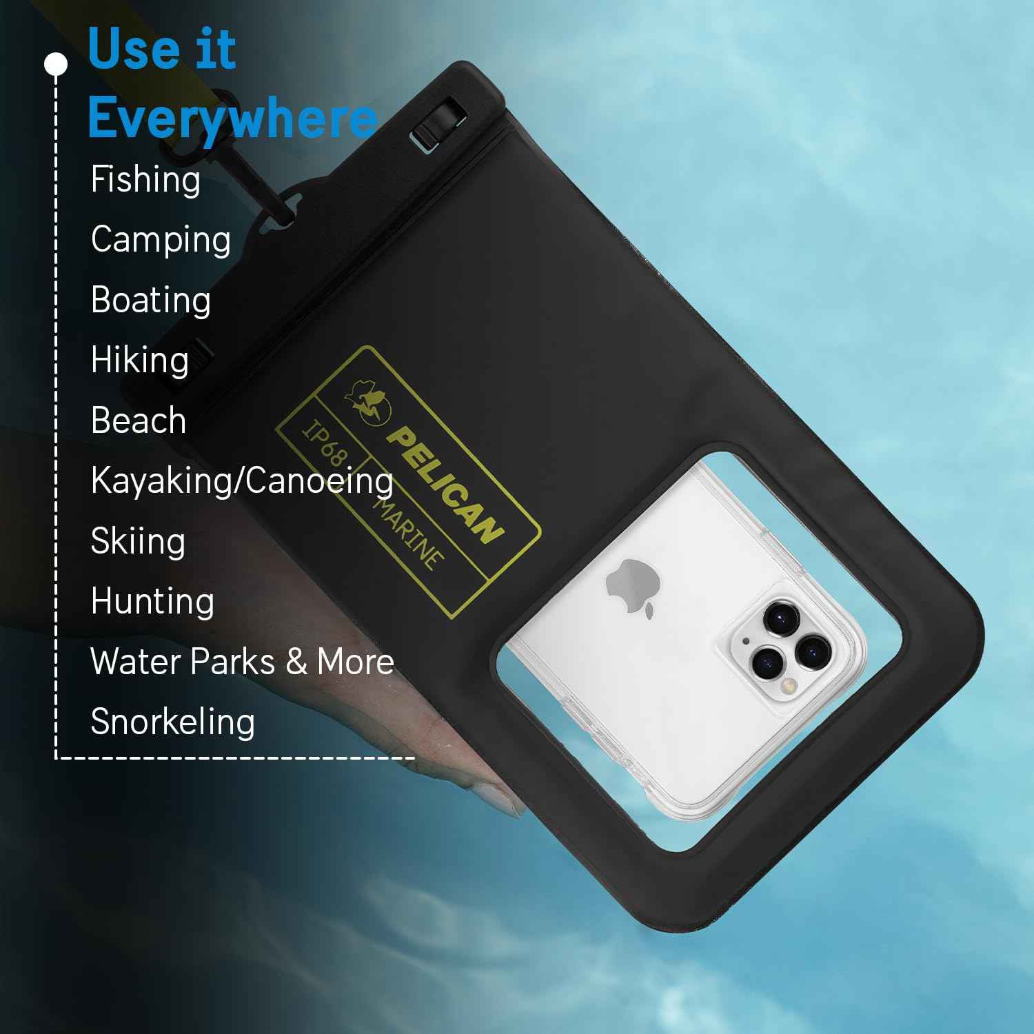 Pelican 2 Pack Marine - IP68 Waterproof Phone Pouch (Regular Size) Floating Waterproof Phone Case - Beach Cruise Ship Travel Essentials - Works w/All Phones - Detachable Lanyard - Black/Hi-Vis Yellow