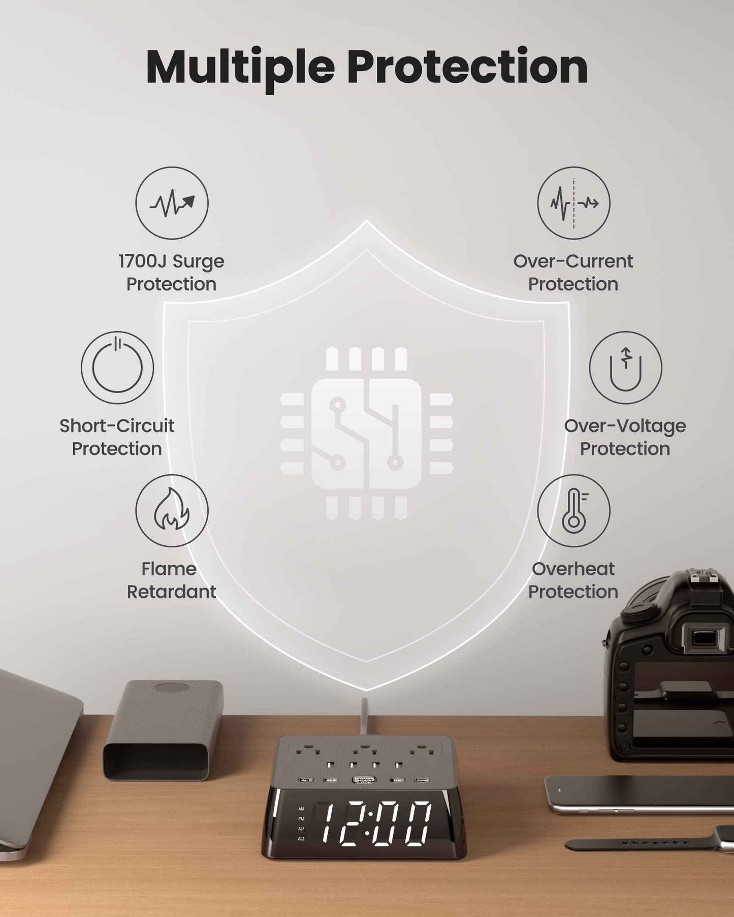 JACKYLED Alarm Clock with 4 USB Chargers Power Strip 3 Outlets 1700J Surge Protector Nightstand Dimmable Digital Clock with Dual Alarm and Snooze Function for Bedroom, Full Screen LED Display