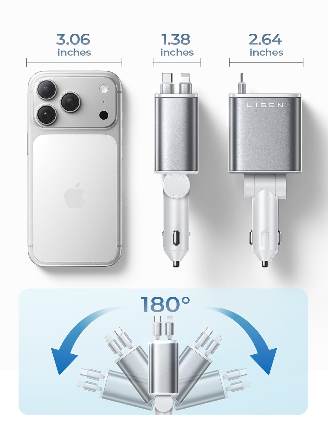 LISEN Retractable Car Charger, Gifts for Men Women, 69W Cars Adapter USB C Fast Charger for iPhoen 17, Car Accessories for Men Women, Gifts for Dad Mom, for iPhone 17 Pro Max Air 16 15 14 13 12 Plus