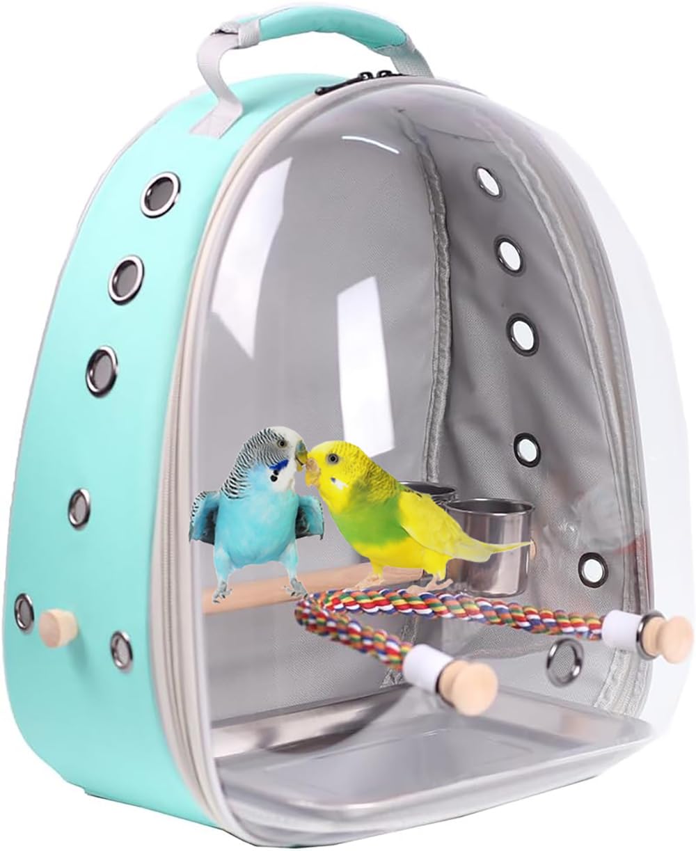 Bird Traval Carrier Cage, Clear Space Capsule Astronaut Backpack to Carry Parakeet Cockatiel Parrot with Metal Tray Wood Perch, Vet Transport School Bag