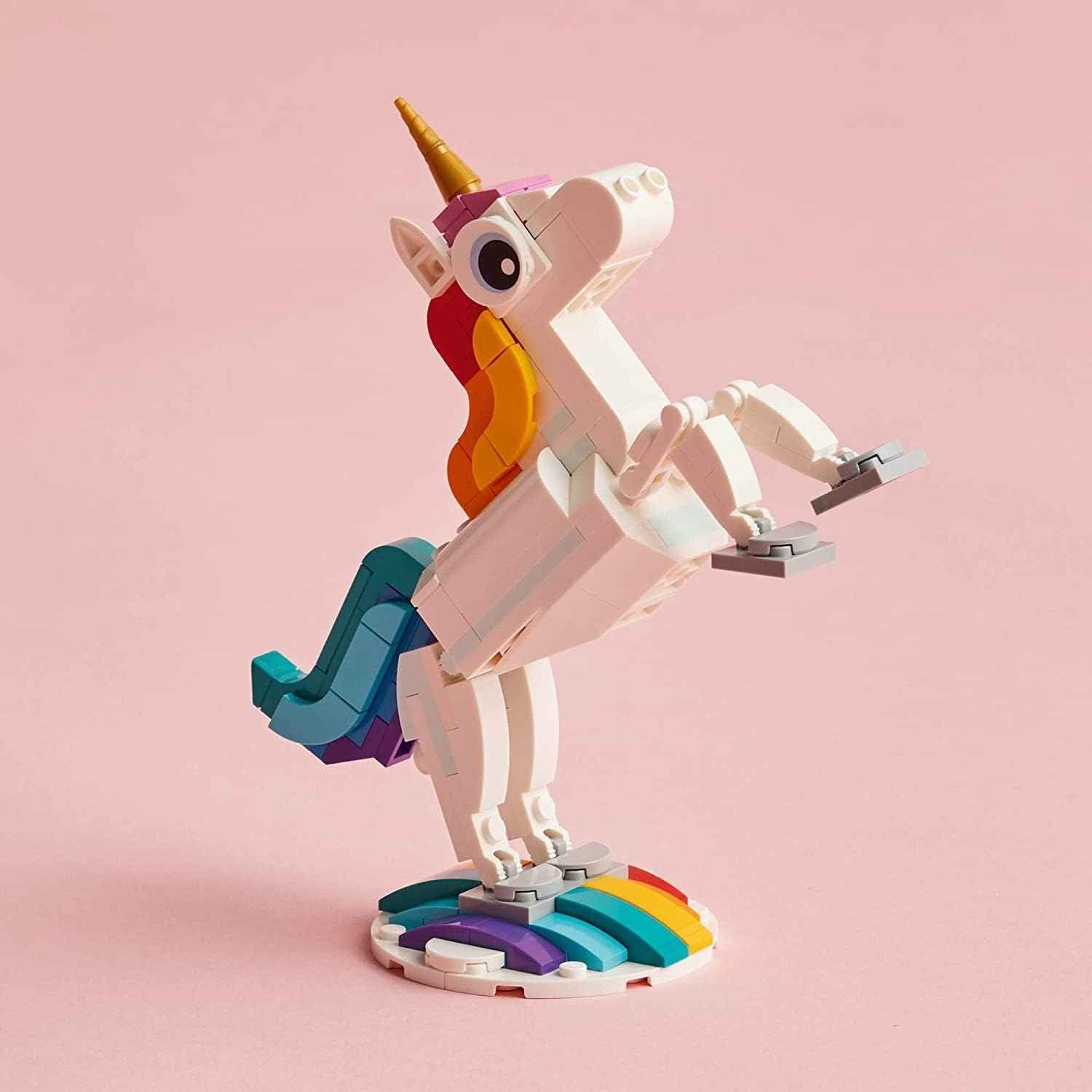 LEGO Creator 3 in 1 Magical Unicorn Toy, Transforms to Seahorse to Peacock, Rainbow Animal Figures, Unicorn Gift for Grandchildren, Girls and Boys, Buildable Toys, 31140