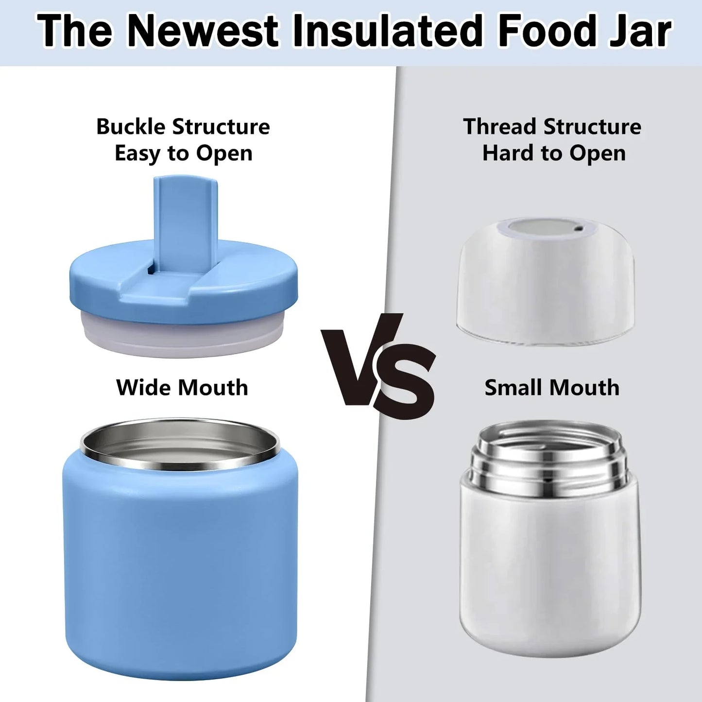 13.5oz Kids Jar for Hot Food, Insulated Vacuum Food Jar with Buckle Lid, Stainless Steel Wide Mouth Leak Proof Insulated Lunch Container for School Picnic Travel, Blue - Jlhbookstore.store