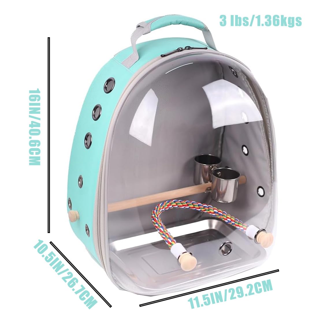 Bird Traval Carrier Cage, Clear Space Capsule Astronaut Backpack to Carry Parakeet Cockatiel Parrot with Metal Tray Wood Perch, Vet Transport School Bag