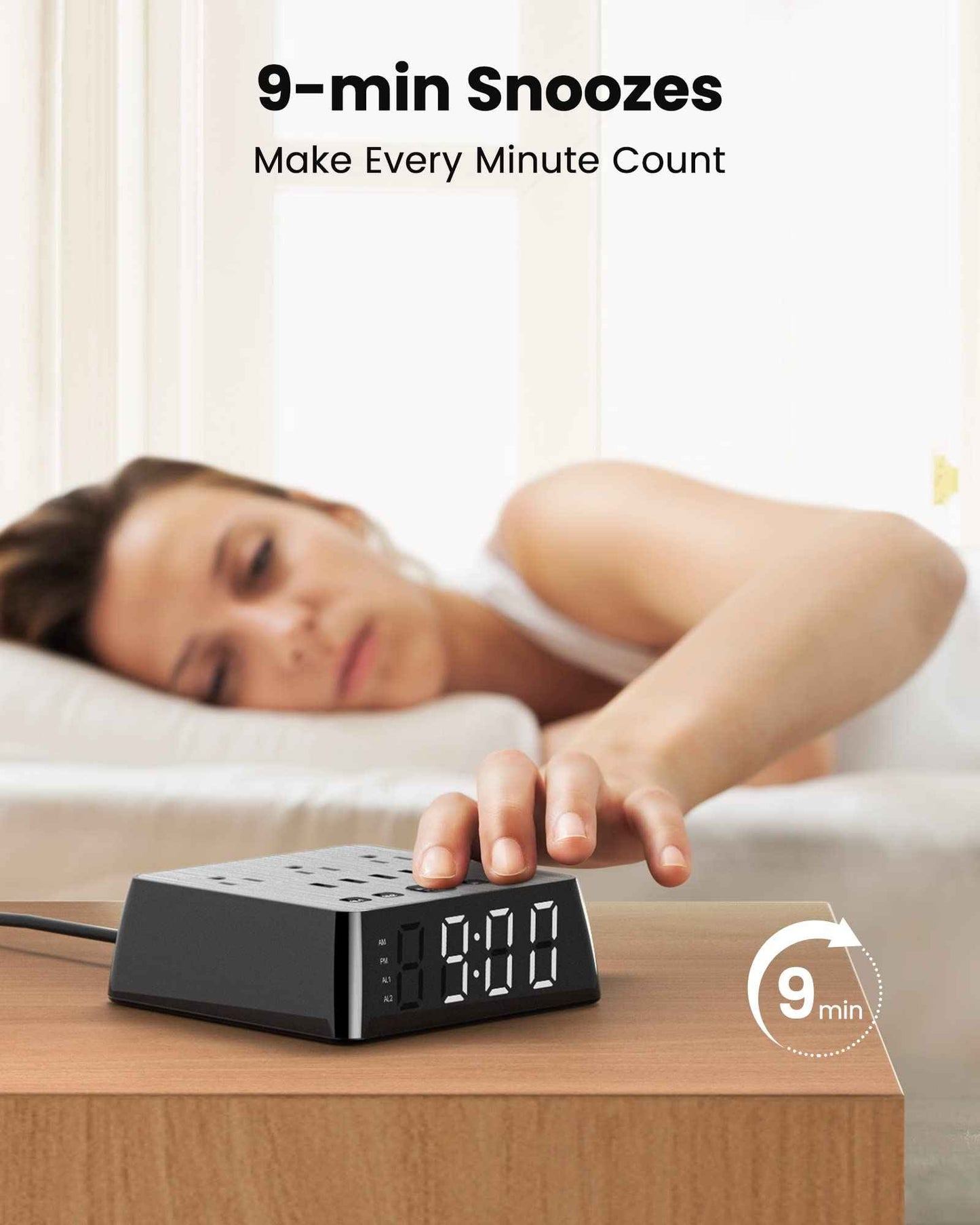 JACKYLED Alarm Clock with 4 USB Chargers Power Strip 3 Outlets 1700J Surge Protector Nightstand Dimmable Digital Clock with Dual Alarm and Snooze Function for Bedroom, Full Screen LED Display