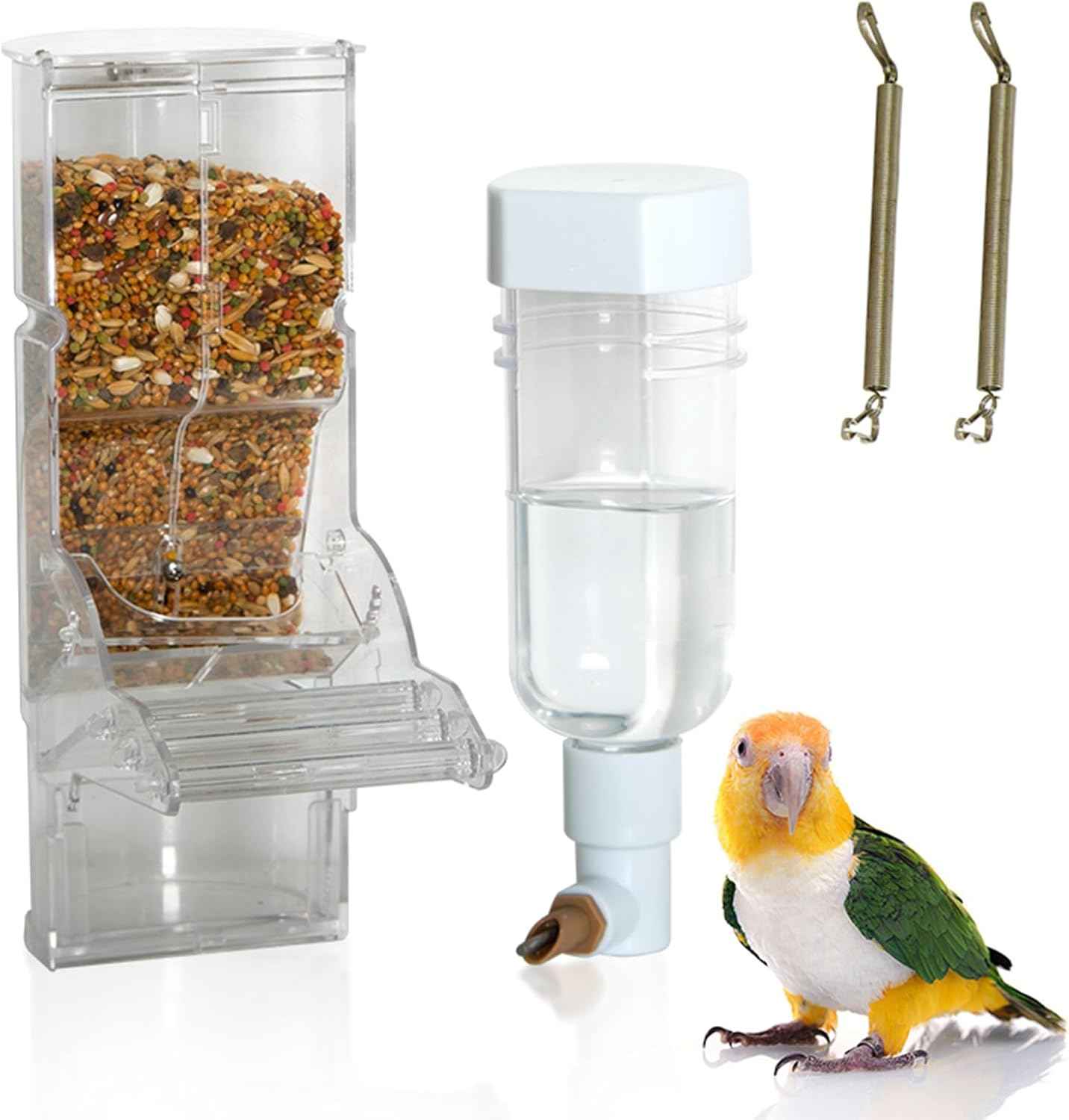 No Mess Bird Feeder & Water Dispenser Set, Automatic Parrot Seed & Water Container for Cage, Food Feeder & Drinker Parakeet Cage Accessories for Parakeets Cockatiels Finches Lovebirds Budgies Canaries