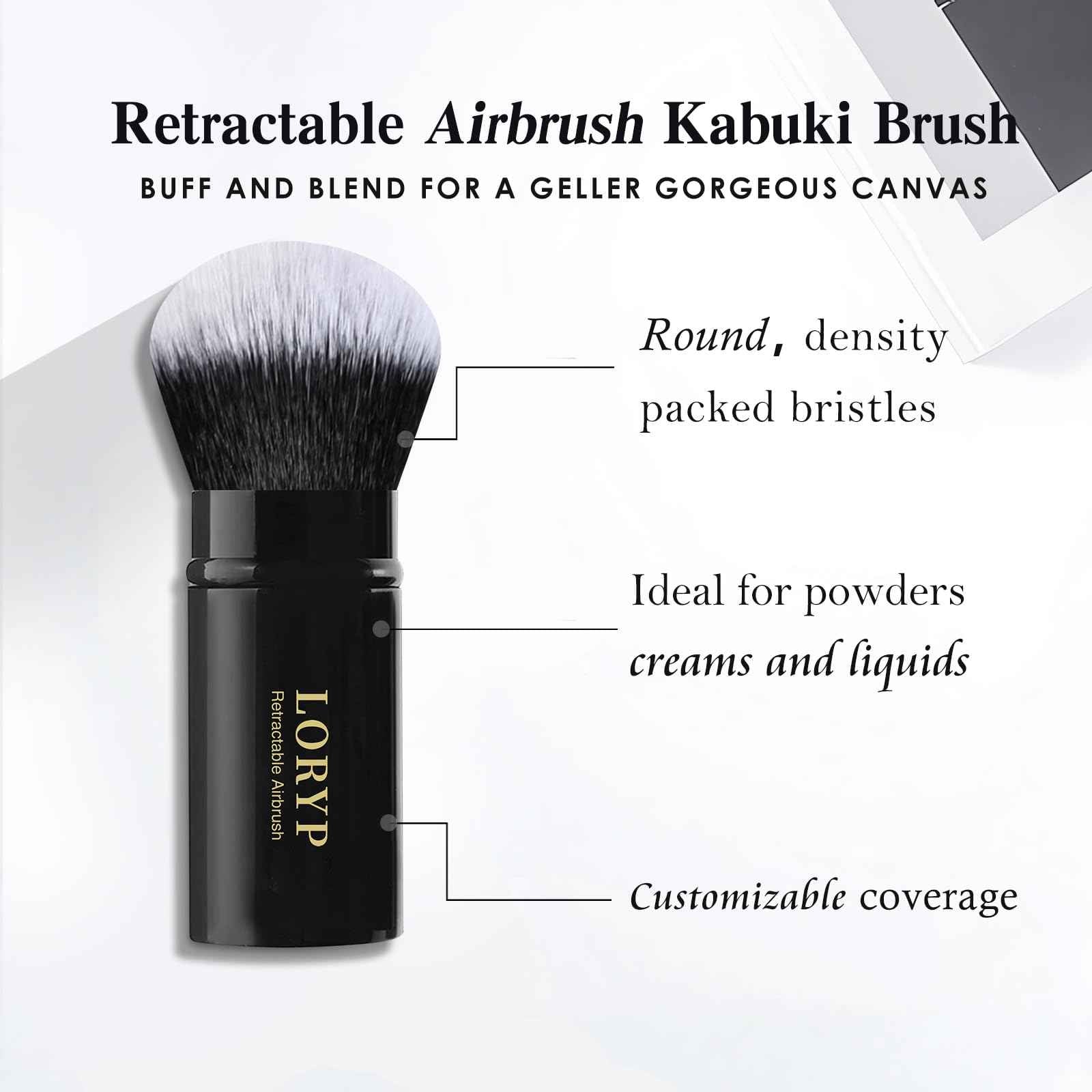 LORYP Retractable Makeup Brush Black Kabuki Foundation Brush for liquid Cream and Powder Makeup 2 Pack Travel Makeup Brush Set