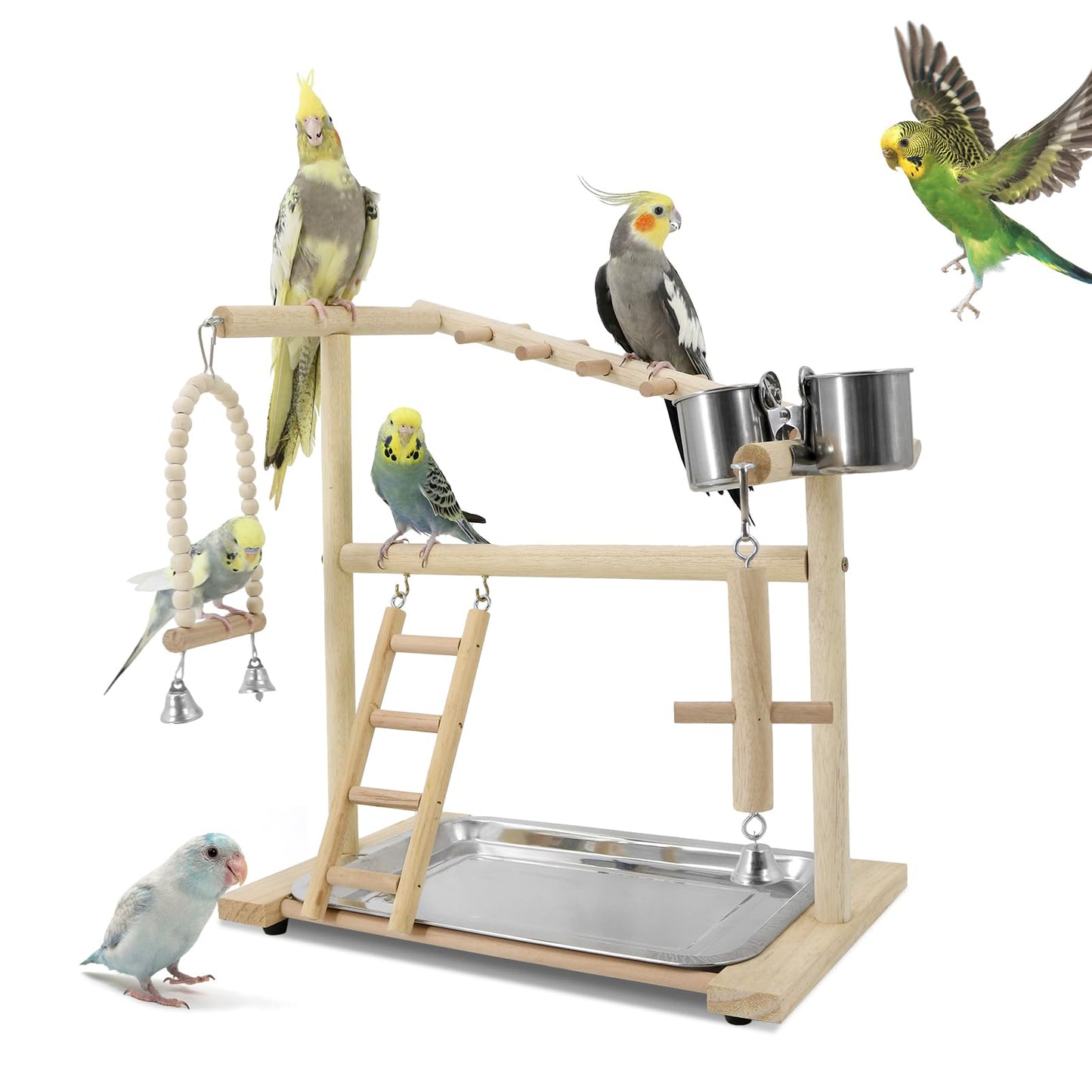 Bird Playground, Parrots Playstand for Small to Medium Birds, Perch Stand with 3 Ladders Playgym with Rope Perch, Swings Feeder Cups Bird Cage Accessories for Conure Cockatiel Lovebirds