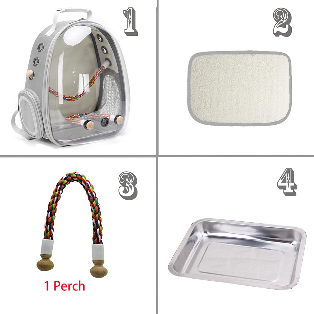 Bird Traval Carrier Cage, Clear Space Capsule Astronaut Backpack to Carry Parakeet Cockatiel Parrot with Metal Tray Wood Perch, Vet Transport School Bag