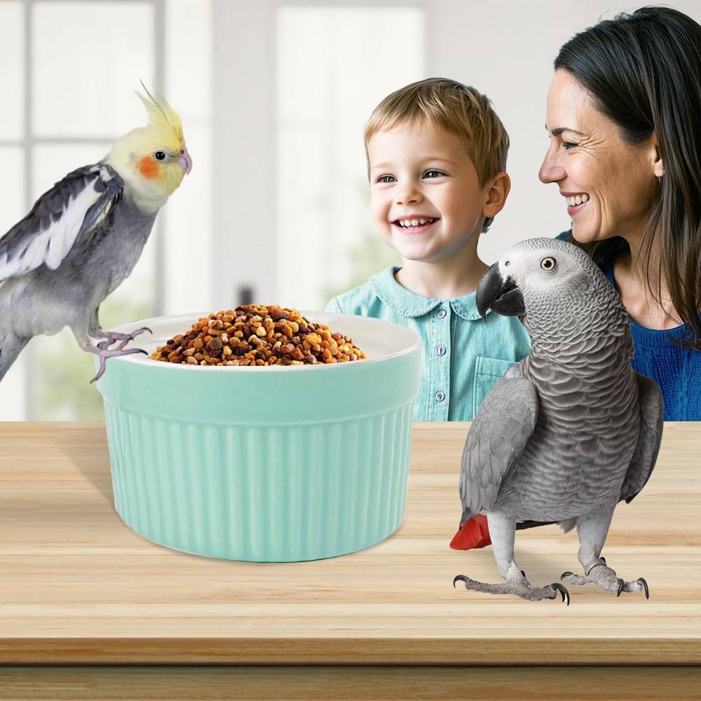 Bird Feeding Cups Parrot Food Cage Bowl Clamp Holder Coop Cup, Ceramic Bird Cage Water Bowl, Pet Feeder Cage for Parakeet African Greys Conure Cockatiels Lovebird Budgie-Blue