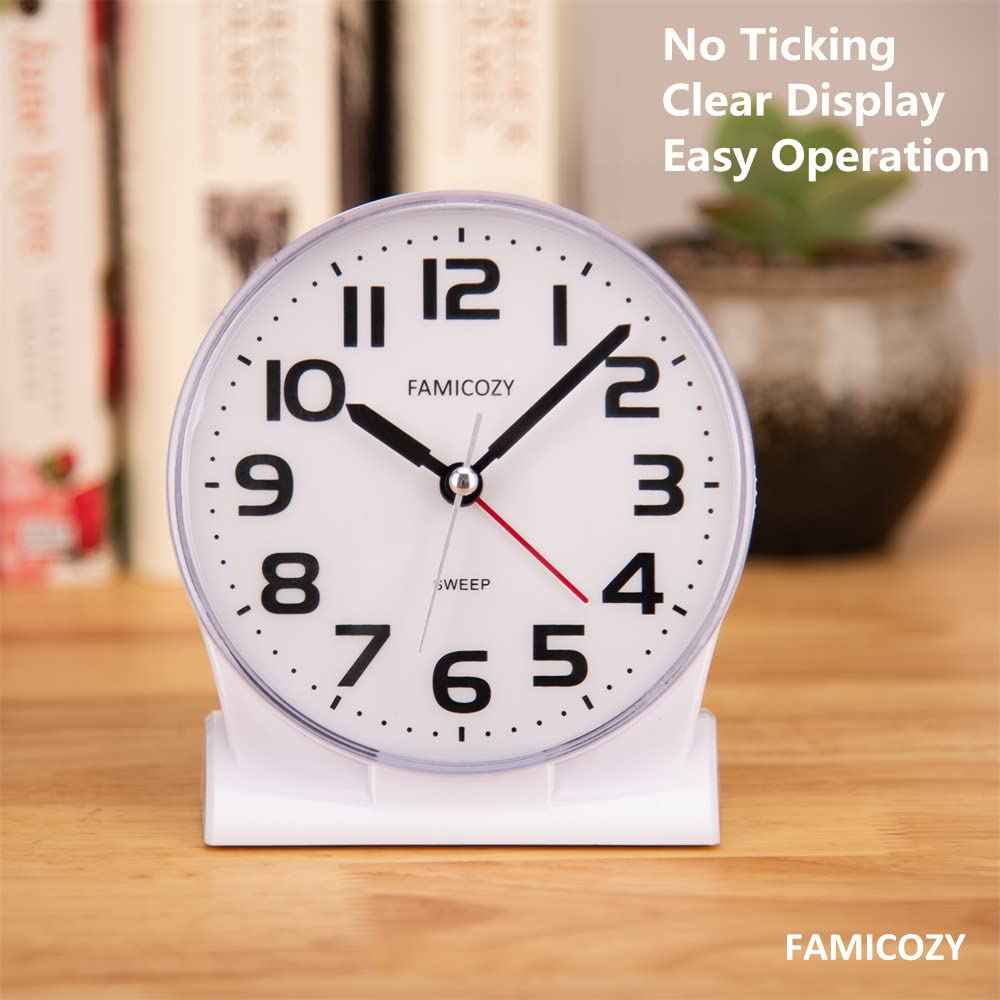 FAMICOZY 4.5" No Ticking Analog Alarm Clock,Silent Readable for Seniors,Easy to Set,Gradual Rise Alarm,Big Numbers,On/Off Switch on Side,Gentle Wake,Snooze Soft Backlight,Battery Operated,White