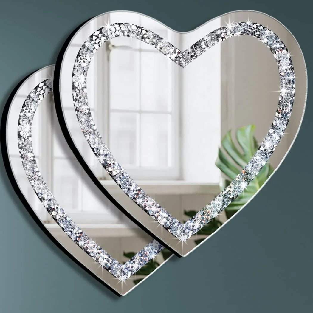 DMDFIRST Heart Shaped Silver Glass Mirror 2 Pack 12x12inch Crystal Crush Diamond Decor Chain Mirror for Wall Decoration - Jlhbookstore.store