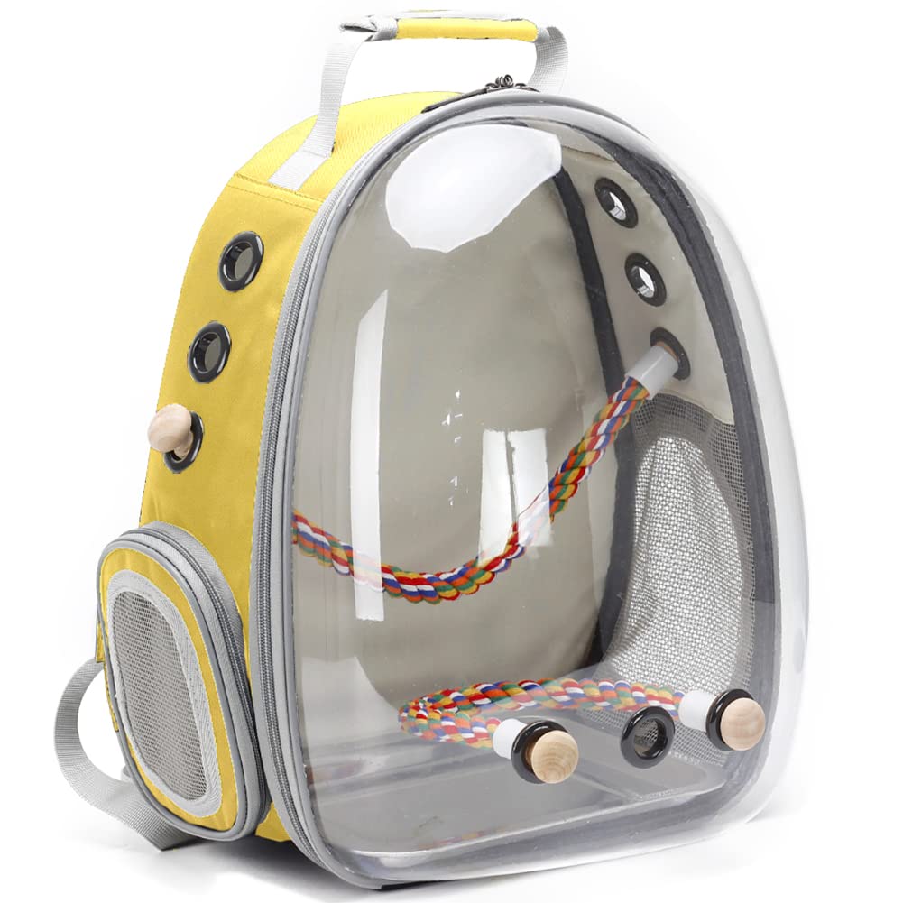 Bird Traval Carrier Cage, Clear Space Capsule Astronaut Backpack to Carry Parakeet Cockatiel Parrot with Metal Tray Wood Perch, Vet Transport School Bag