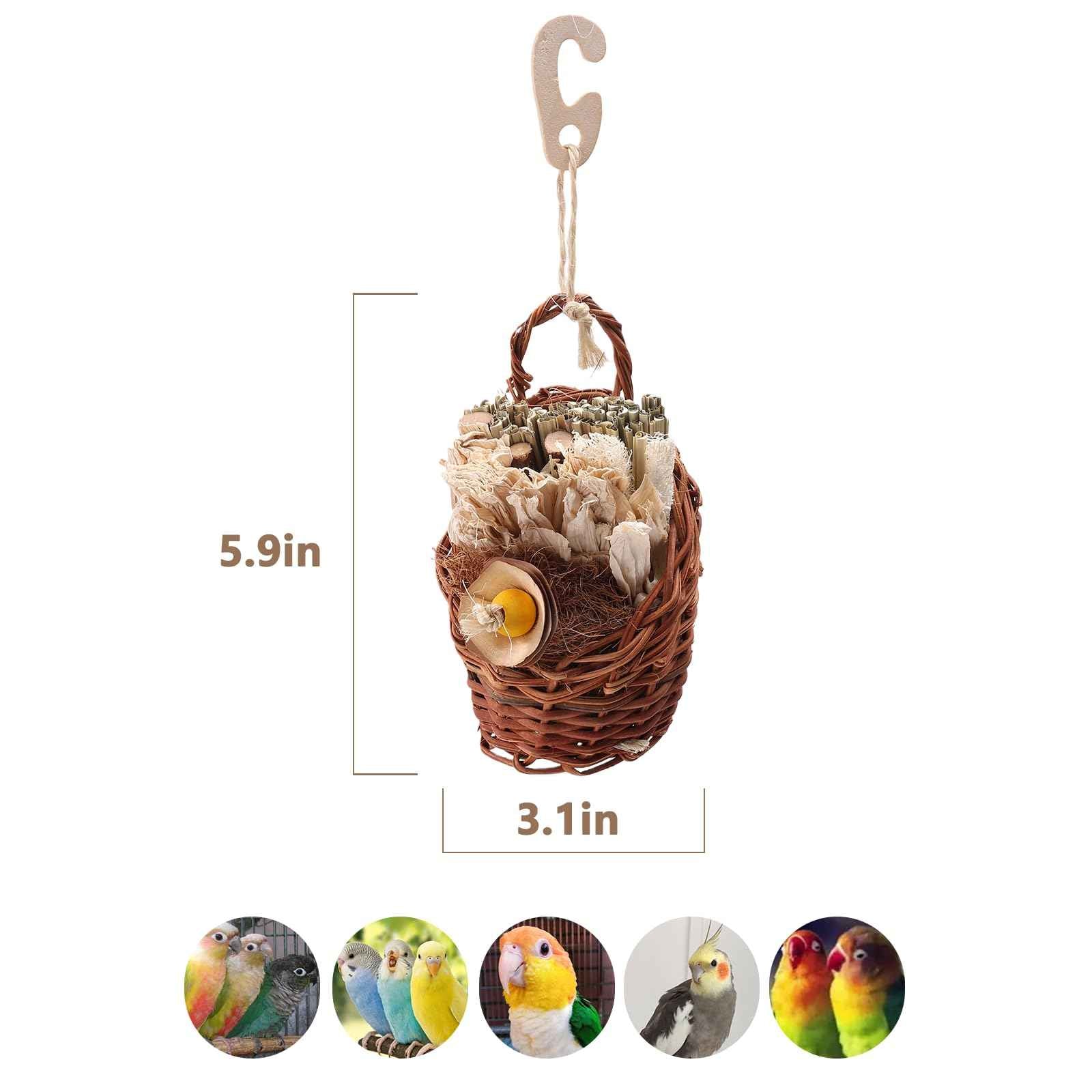 Natural Bird Chew Toys Shreddable Toys Made of Seagrass, Timothy Grass & Corn Leaves with Wood Hook for Cockatiels, Parakeets, Small Medium Birds (Pinecone Woven Basket)