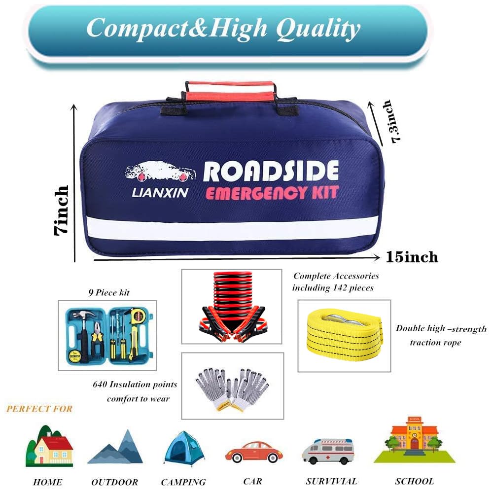 Roadside Assistance Emergency Kit - Car Emergency Kit with Jumper Cables (Upgraded) Emergency Roadside Kit for Car 142 Pieces Car Safety Kits,Tow Strap,Tool Kit,Reflective Warning Triangle