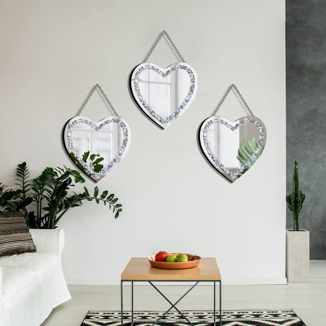 DMDFIRST Heart Shaped Silver Glass Mirror 2 Pack 12x12inch Crystal Crush Diamond Decor Chain Mirror for Wall Decoration - Jlhbookstore.store