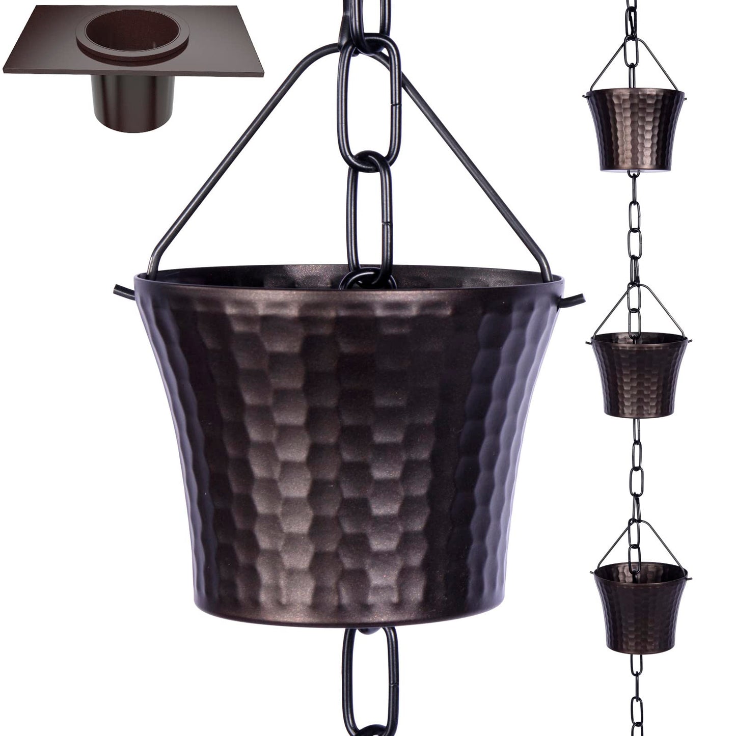 Rain Chain Bird Cage Set 8.5Ft, Not Rust Wrought Iron Rain Chains for Gutters with Adapter Gotta Drain and Sturdy Anchoring Stake,13 Cups, 1 Hook, Adjustable Length for Garden Decorative (Coffee)