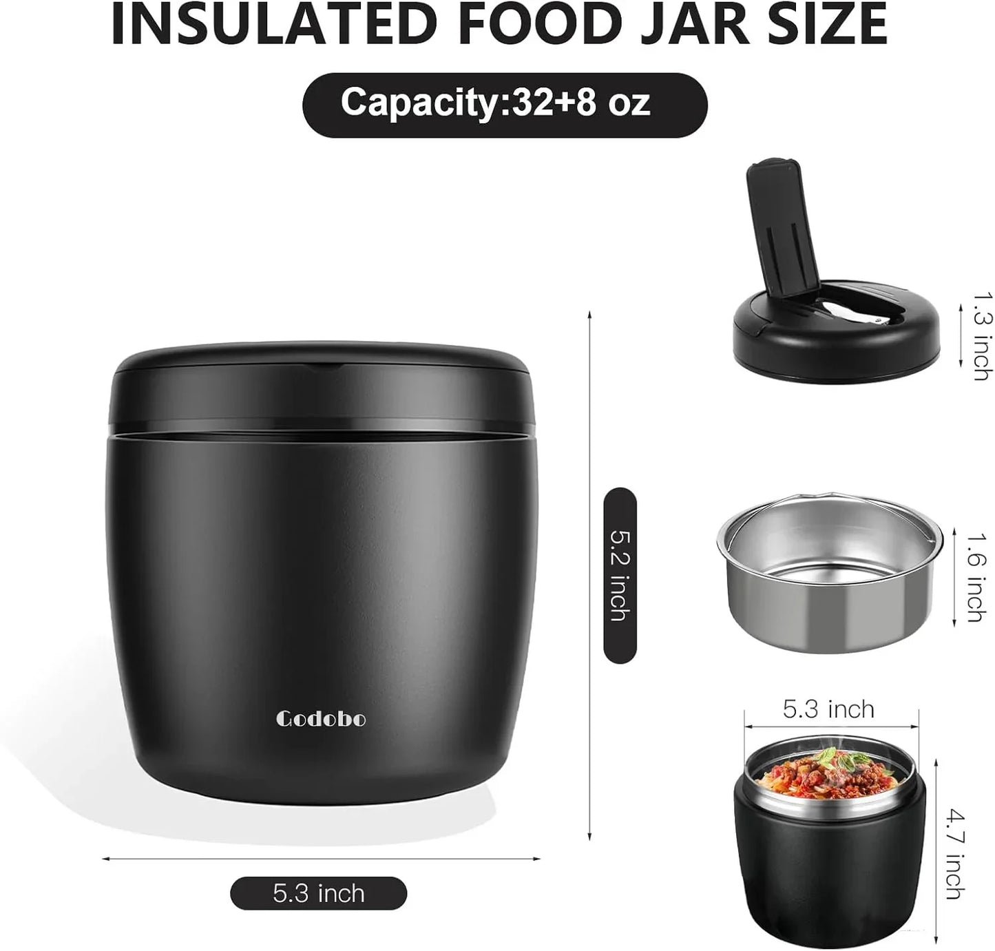 Thermo for Hot Food 40oz, Vacuum Insulated Food Jar for Adults, Stainless Steel Soup Thermo Wide Mouth Leakproof Lunch Containers with Spoon for School Office (Black) - Jlhbookstore.store
