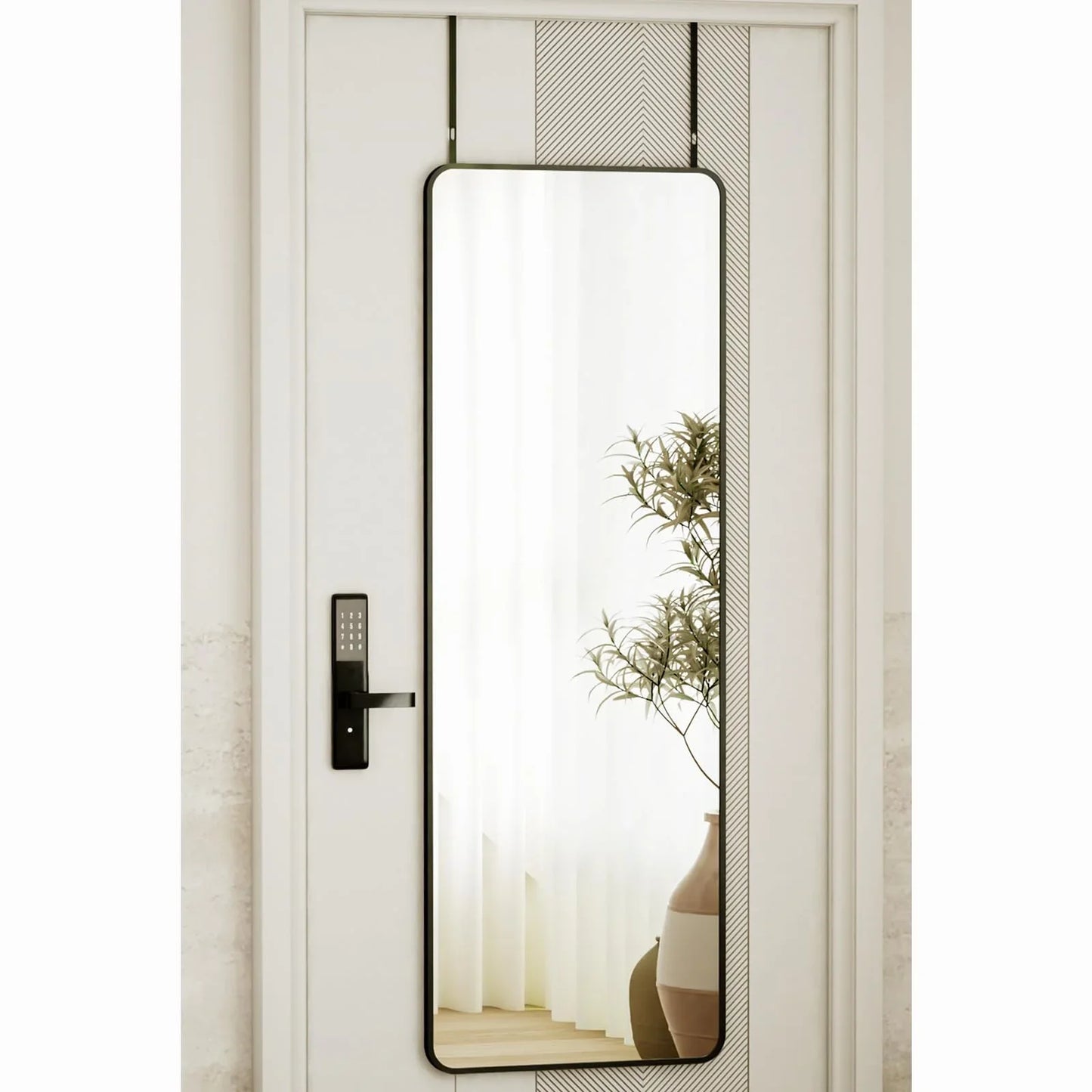 VooBang 14"x48" Full Length Over The Door Mirror - Aluminum Alloy Frame Full Body Mirror with Height-Adjustable Hangers, Hanging Leaning Against Wall for Dorm, Black - Jlhbookstore.store