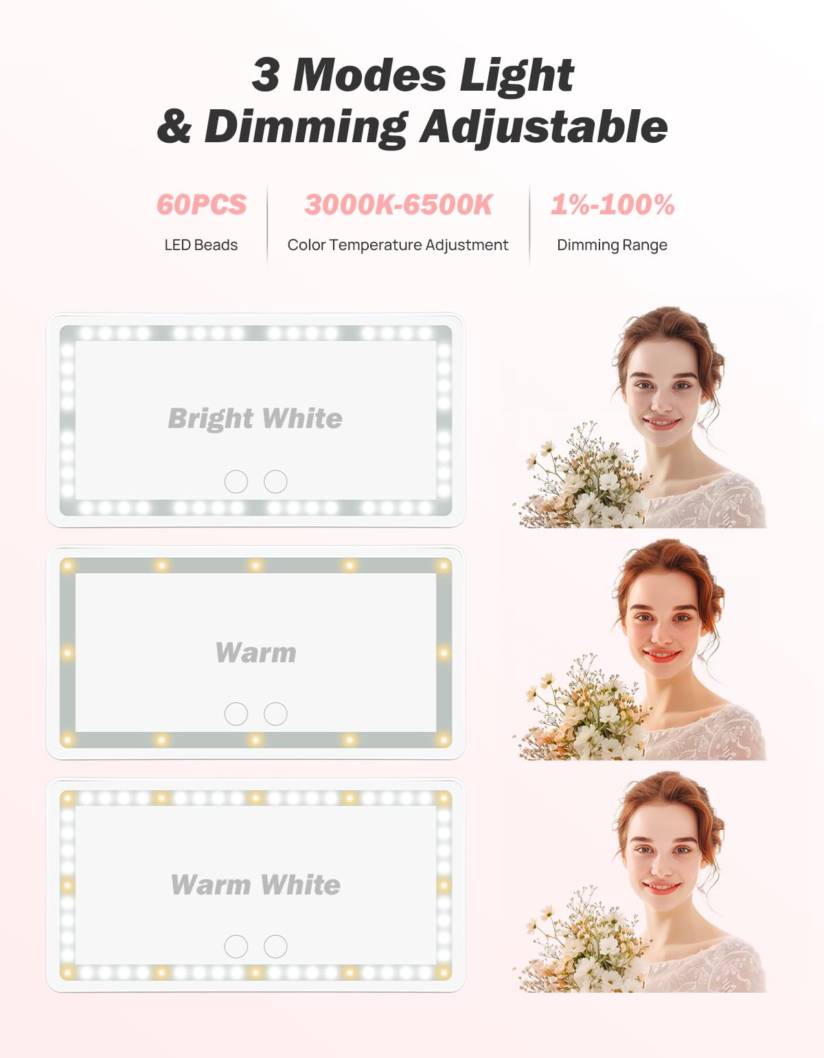 JOYTUTUS Car Sun Visor Vanity Mirror with Lights, 3 Light Modes & 60 LEDs, Rechargeable Dimmable Touch Control Travel Makeup Mirror for Truck SUV