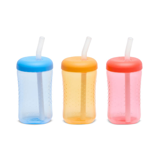 The First Years Squeeze & Sip Toddler Straw Cups - Squeezable Transition Sippy Cup with Silicone Straw - Toddler Feeding Supplies - Pink/Purple/Blue - 7 Oz - 3 Count - Ages 6 Months and Up