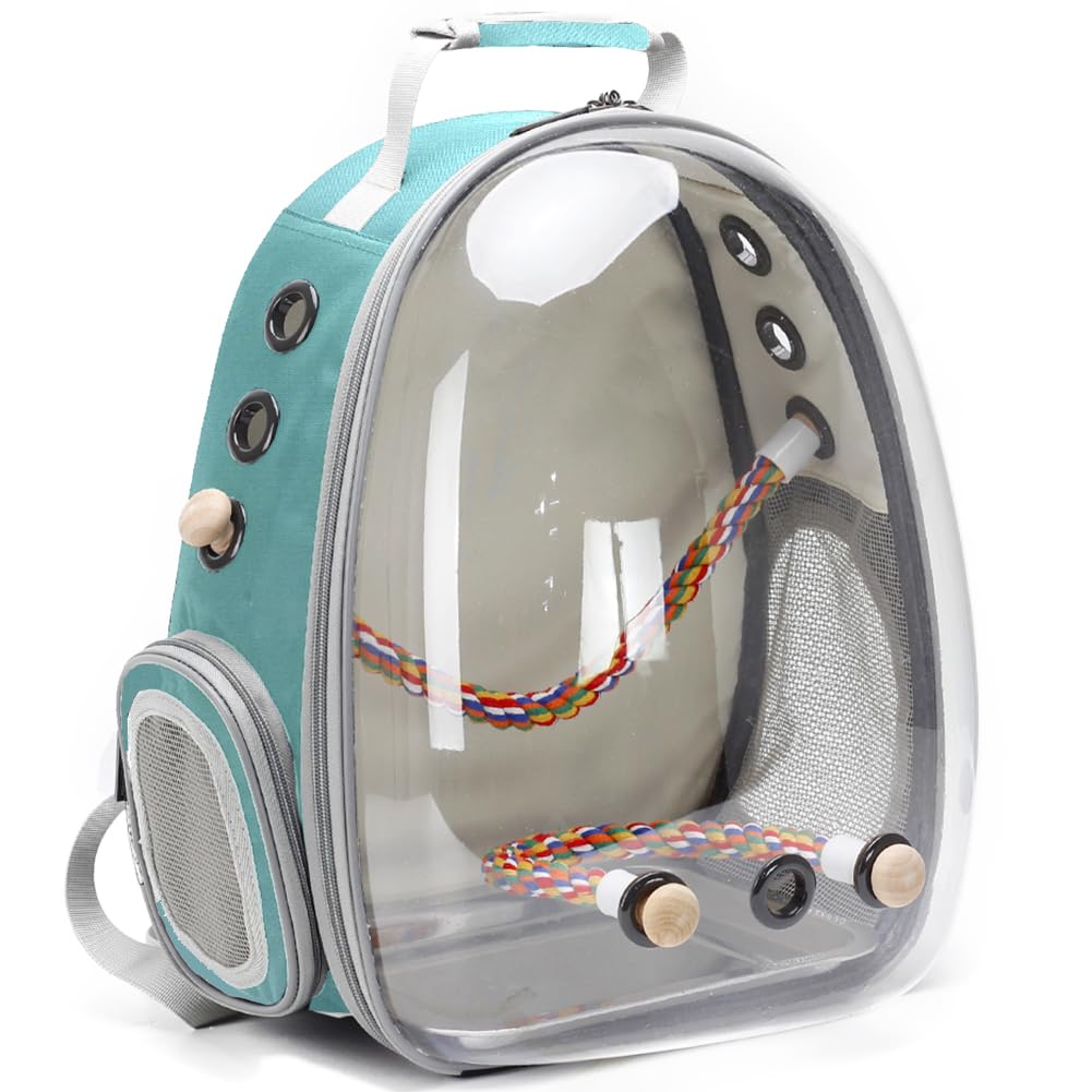 Bird Traval Carrier Cage, Clear Space Capsule Astronaut Backpack to Carry Parakeet Cockatiel Parrot with Metal Tray Wood Perch, Vet Transport School Bag